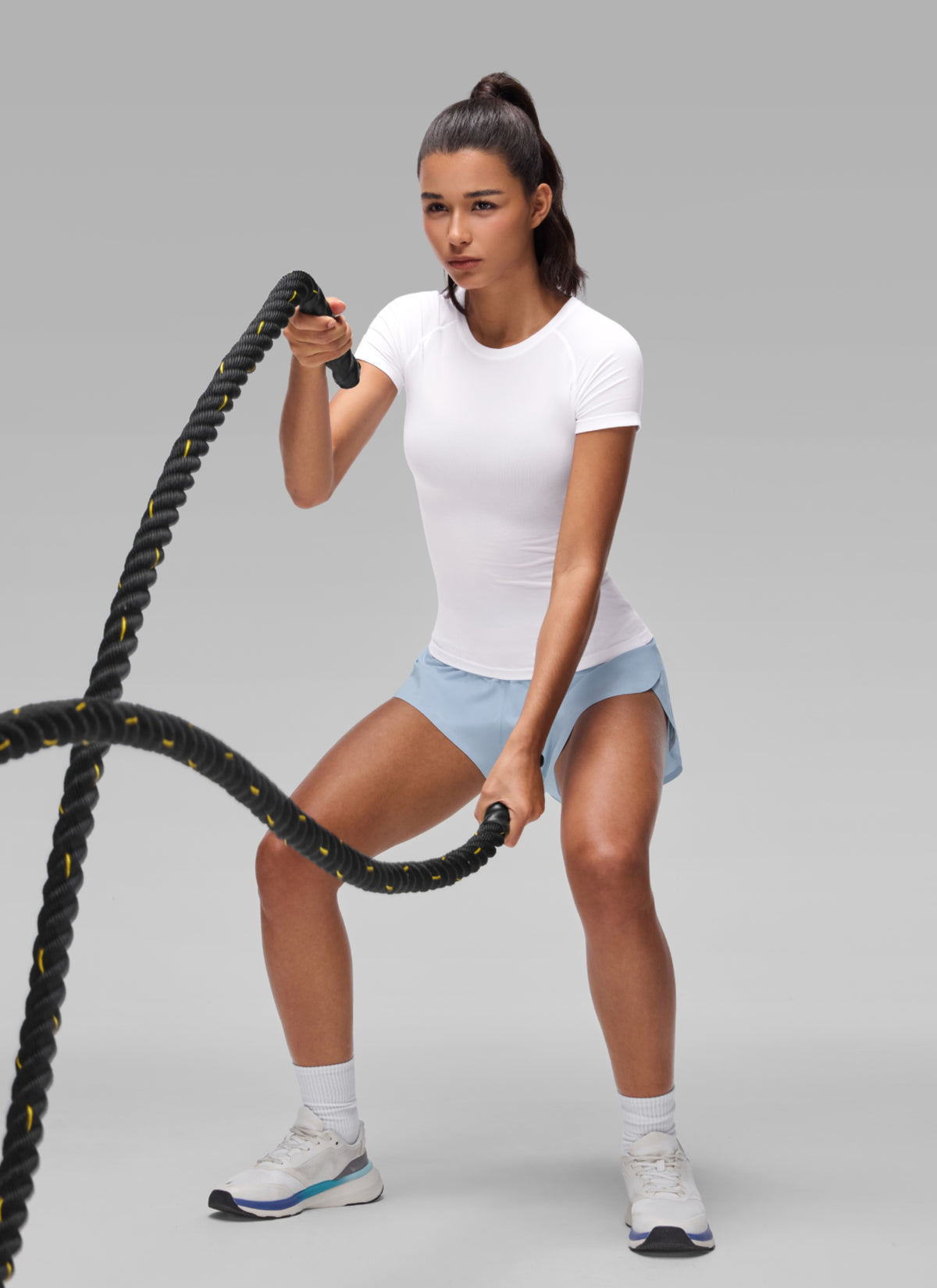 CRZ YOGA Women's Workout Seamless Crewneck Fitted Hip Short Sleeves White @model_info:A