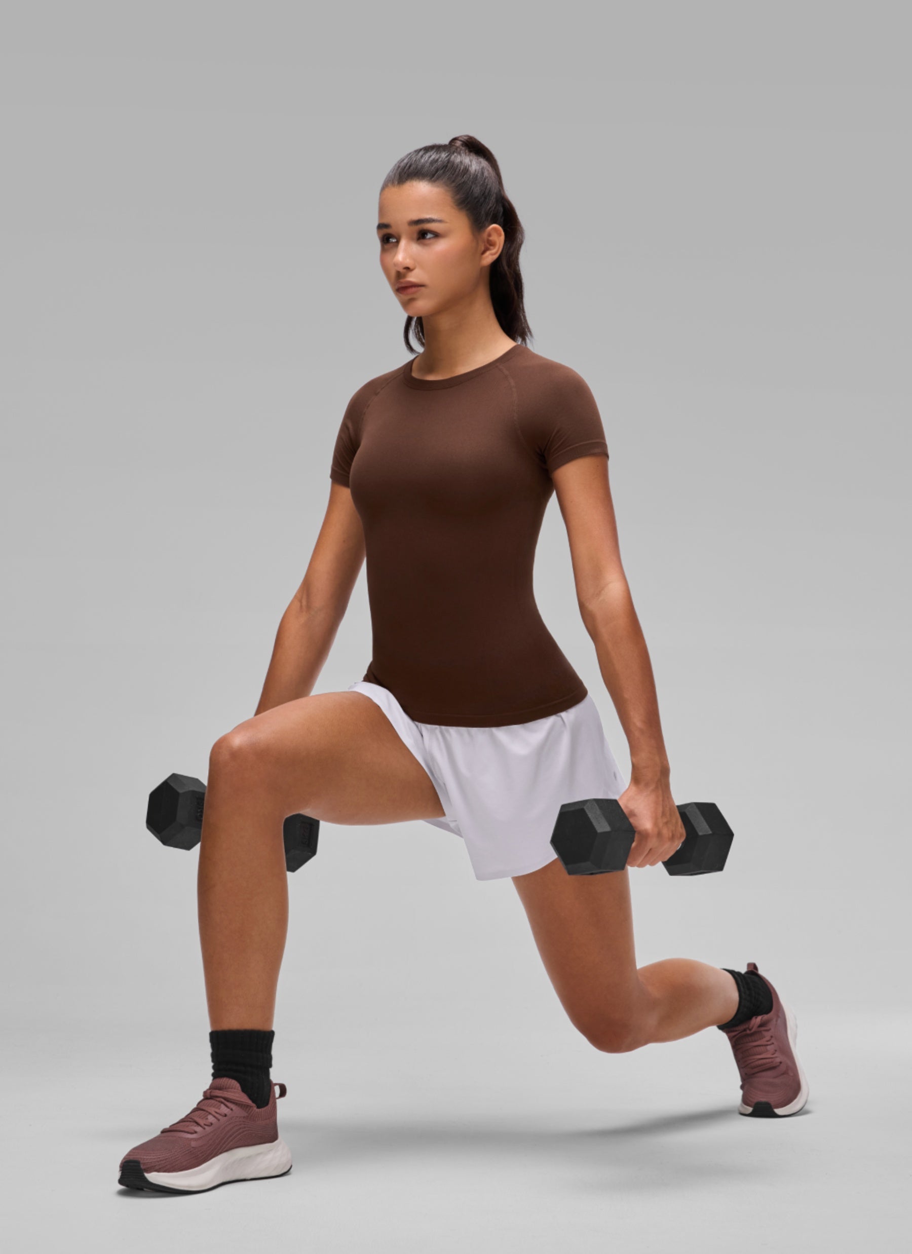 CRZ YOGA Women's Workout Seamless Crewneck Fitted Hip Short Sleeves Lava Brown