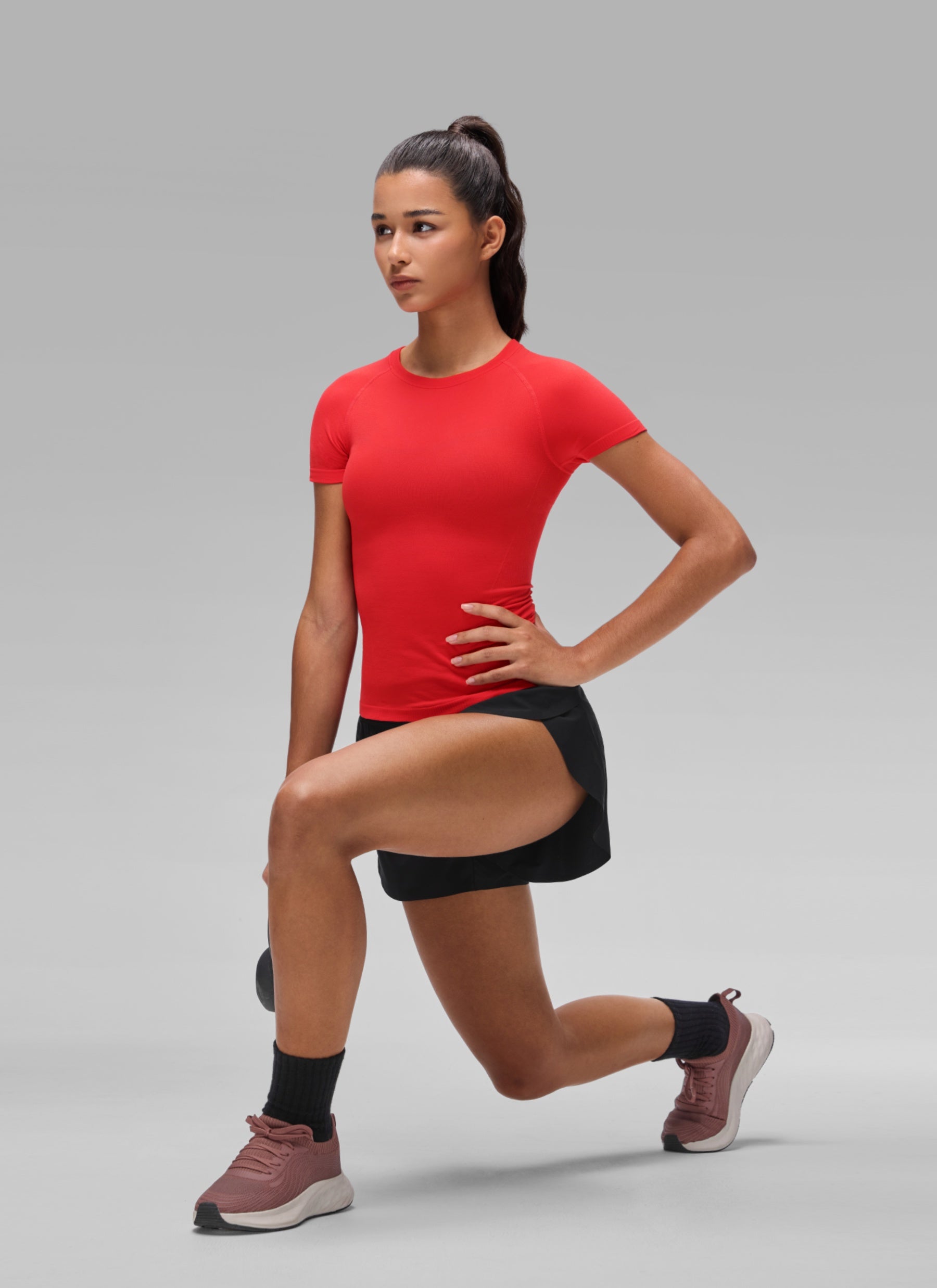 CRZ YOGA Women's Workout Seamless Crewneck Fitted Hip Short Sleeves Deep Red