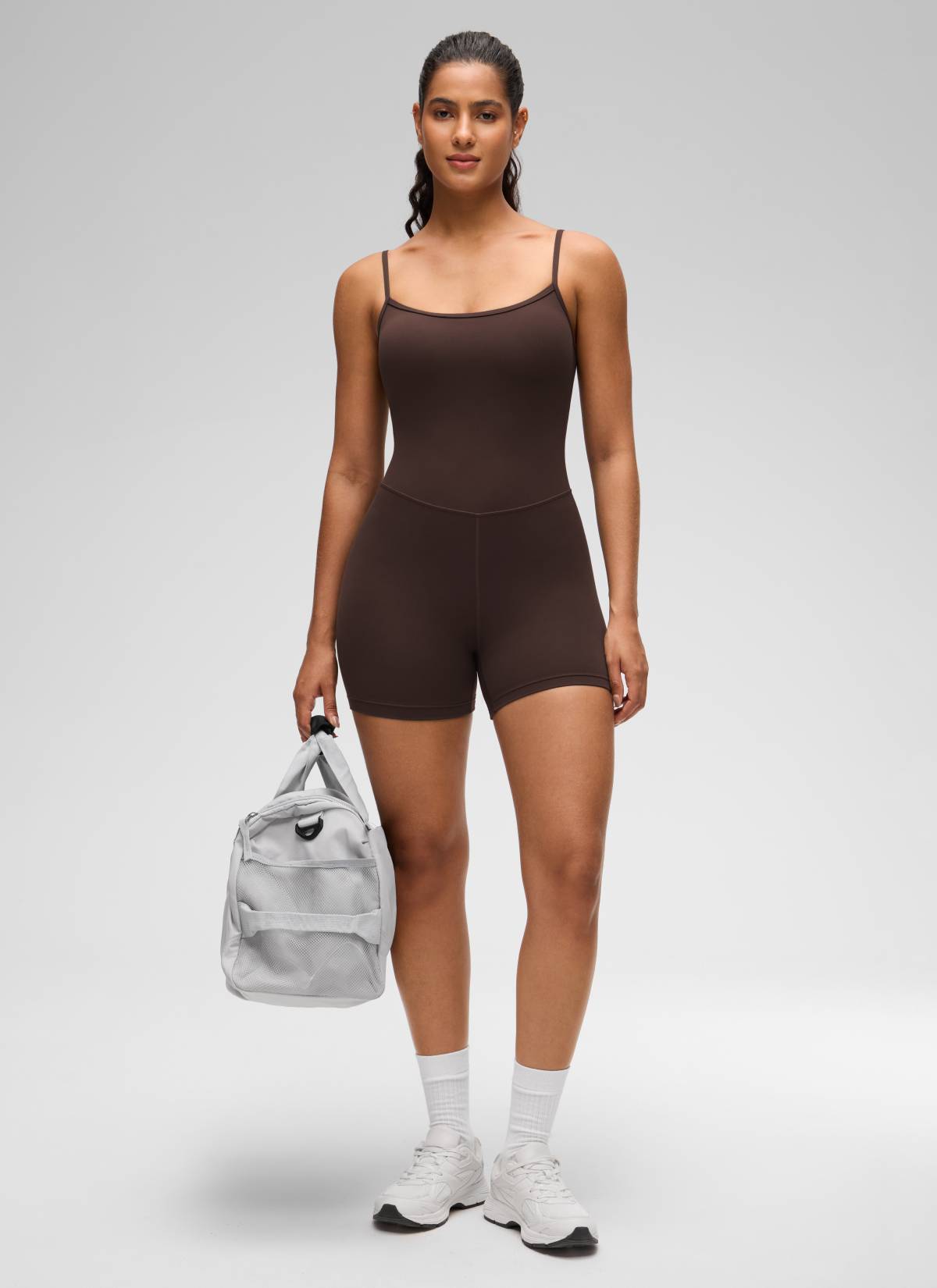 CRZ YOGA Women's Yoga Tight Fit Romper Shorts Bodysuit Jumpsuits Hot Fudge Brown @model_info:Carol