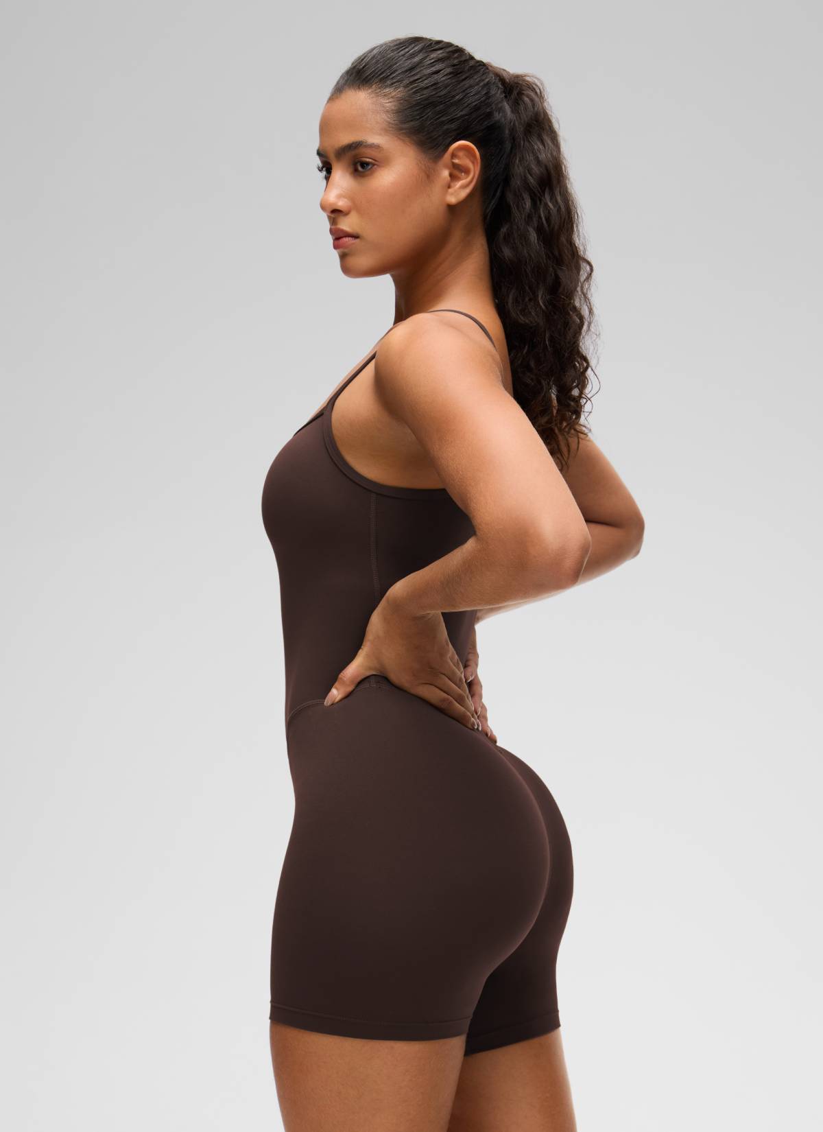 CRZ YOGA Women's Yoga Tight Fit Romper Shorts Bodysuit Jumpsuits Hot Fudge Brown @model_info:Carol