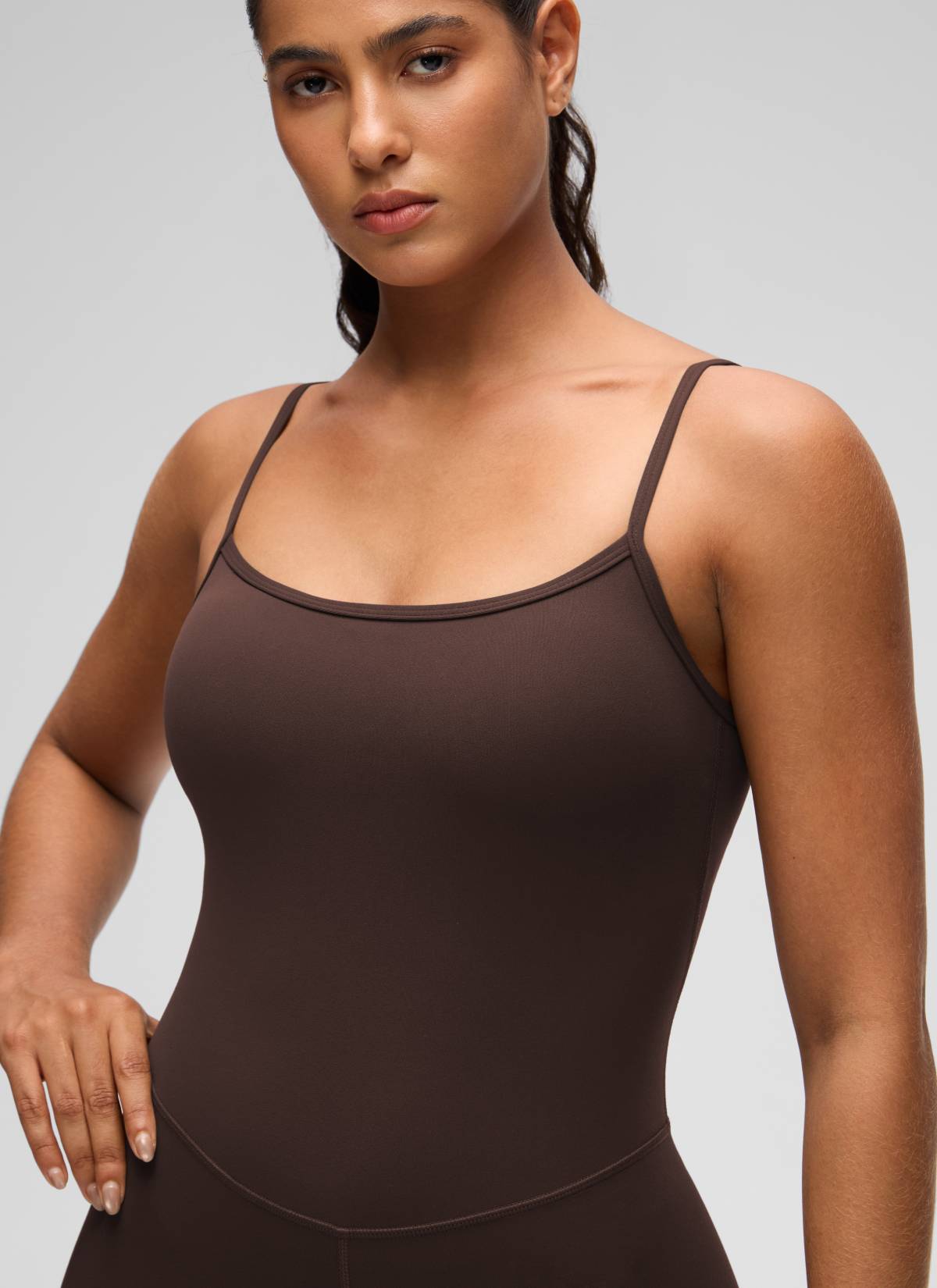CRZ YOGA Women's Yoga Tight Fit Romper Shorts Bodysuit Jumpsuits Hot Fudge Brown @model_info:Carol