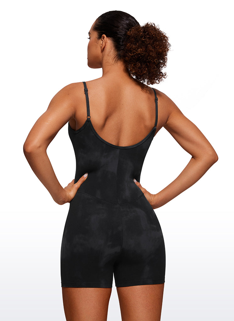 CRZ YOGA Women's Yoga Tight Fit Romper Shorts Bodysuit Jumpsuits Black Tie Dye Flowers