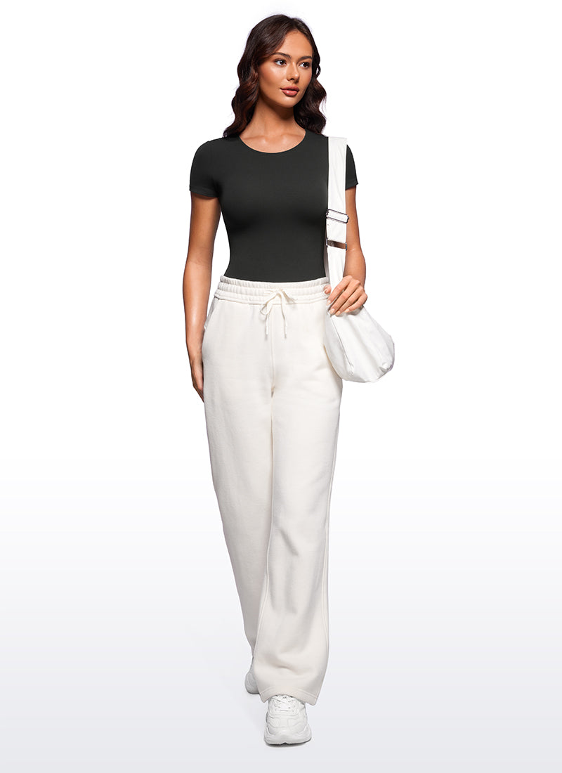 CRZ YOGA Women's Yoga Tight Fit Scoop Neck Short Sleeves Bodysuits Black