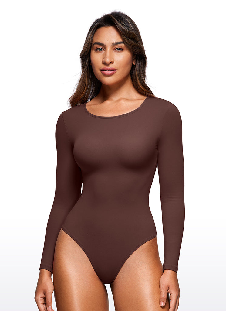 CRZ YOGA Women's Yoga Tight Fit Crew Neck Long Sleeves Bodysuits Taupe
