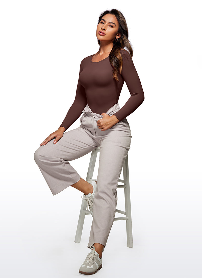 CRZ YOGA Women's Yoga Tight Fit Crew Neck Long Sleeves Bodysuits Taupe