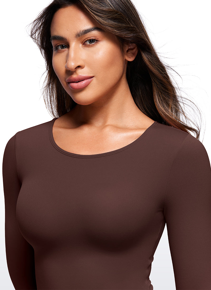 CRZ YOGA Women's Yoga Tight Fit Crew Neck Long Sleeves Bodysuits Taupe