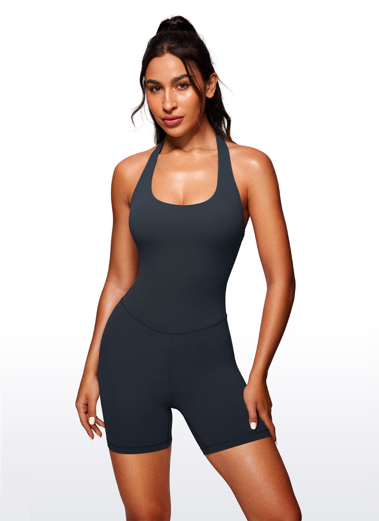CRZ YOGA Women's Yoga Halter Backless Athletic Romper Shorts Bodysuit Black