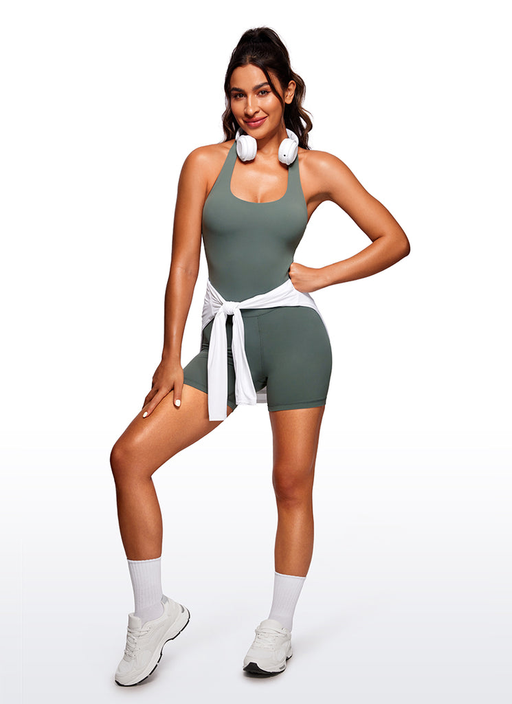 CRZ YOGA Women's Yoga Halter Backless Athletic Romper Shorts Bodysuit Coffee Brown