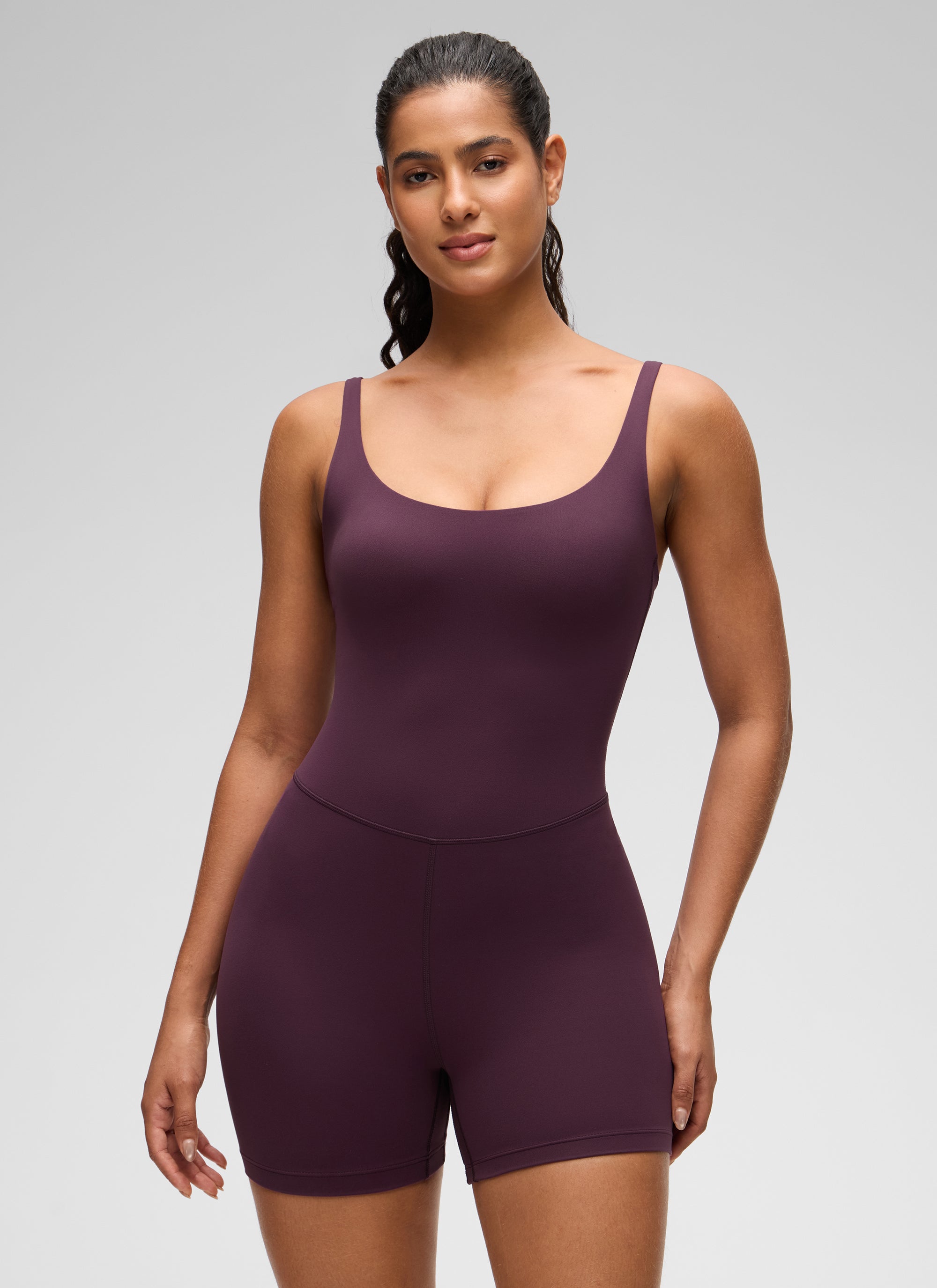 CRZ YOGA Women's Butterluxe Soft Yoga Square Neck Double Lined Romper Deep Purple