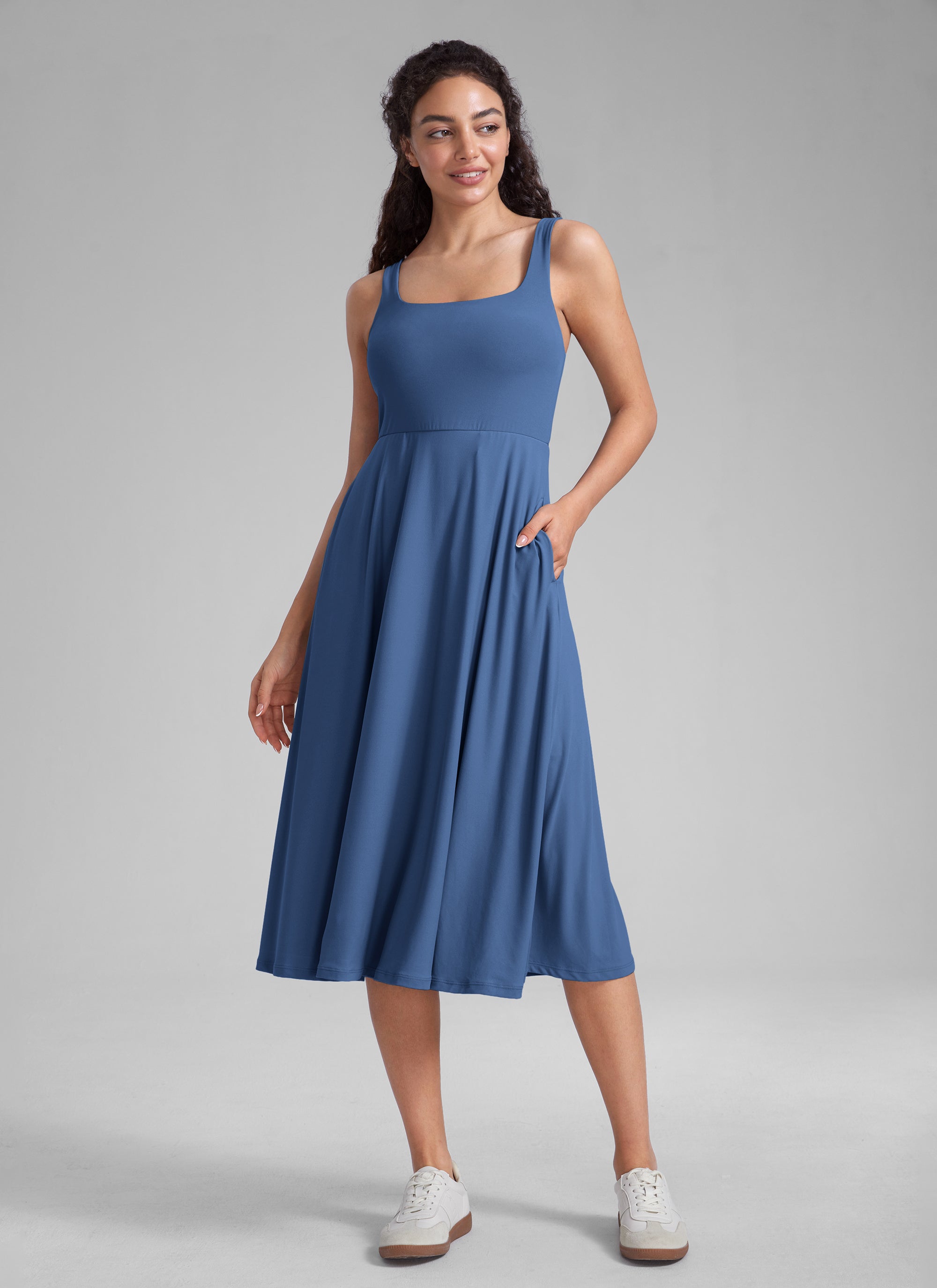 CRZ YOGA Womens Clouldweight Square Neck Pocket Sleeveless Midi Dress Pitch Blue