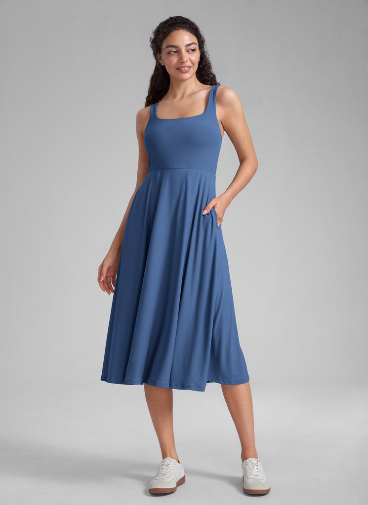 CRZ YOGA Womens Clouldweight Square Neck Pocket Sleeveless Midi Dress Pitch Blue