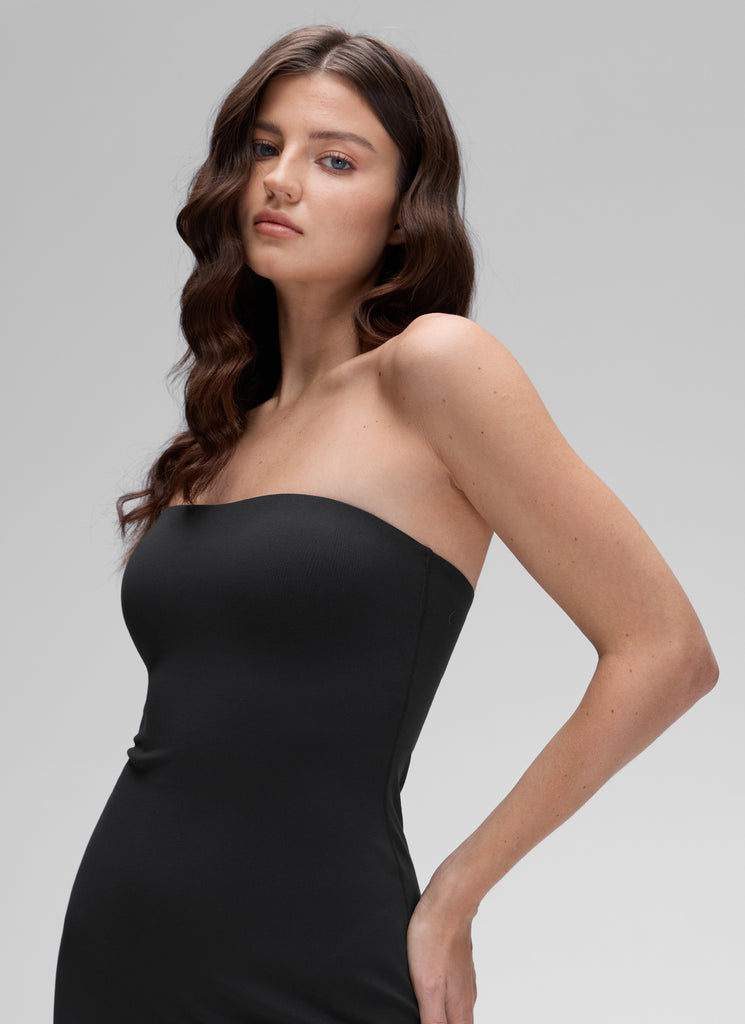 CRZ YOGA Women's Butterluxe Casual Strapless Built in Bra Midi Dress Black