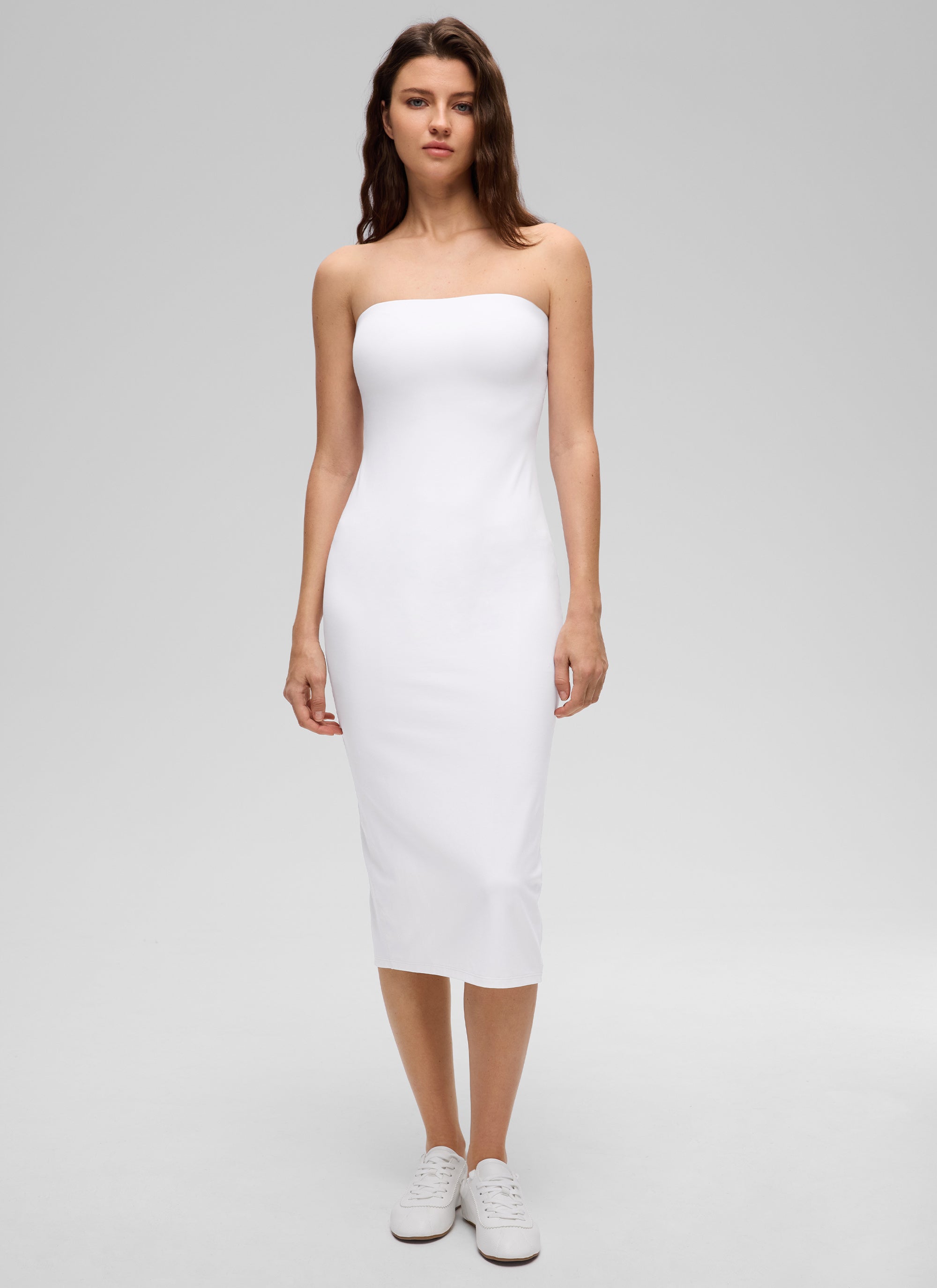 CRZ YOGA Women's Butterluxe Casual Strapless Built in Bra Midi Dress White