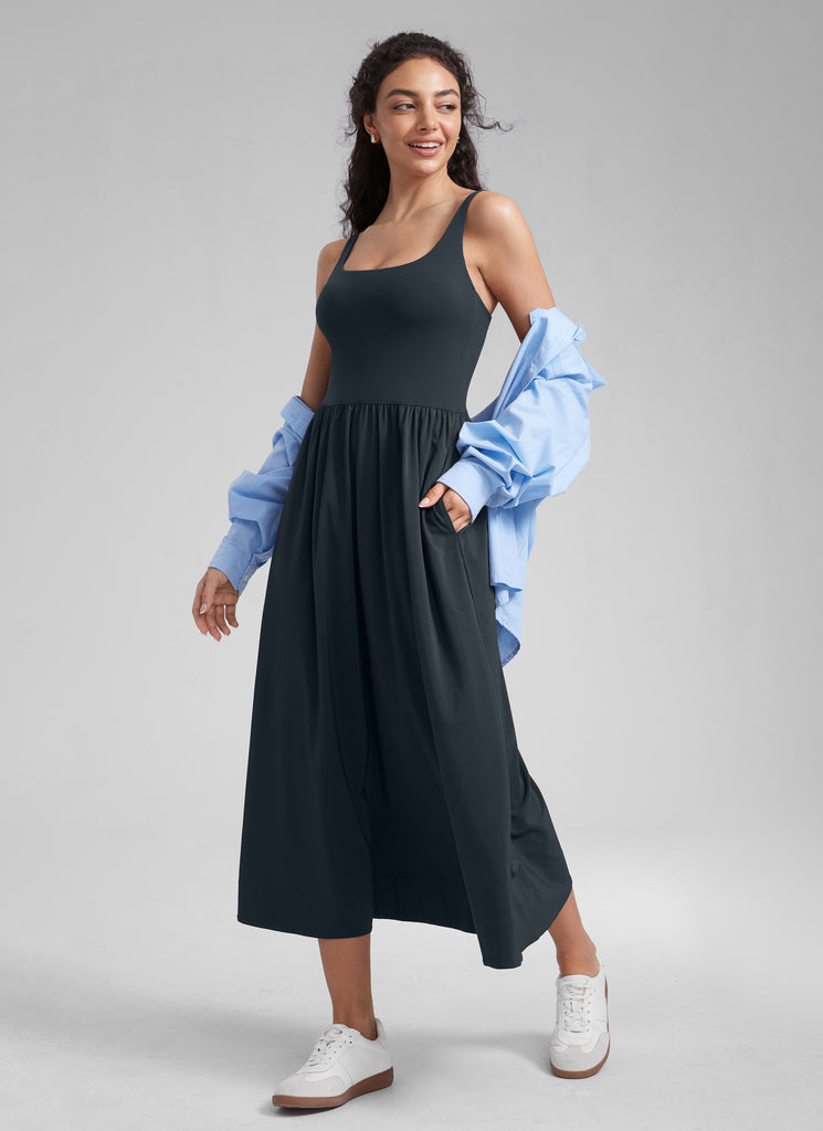 CRZ YOGA Women's Square Neck Pocket Sleeveless Maxi Padded Dress True Navy