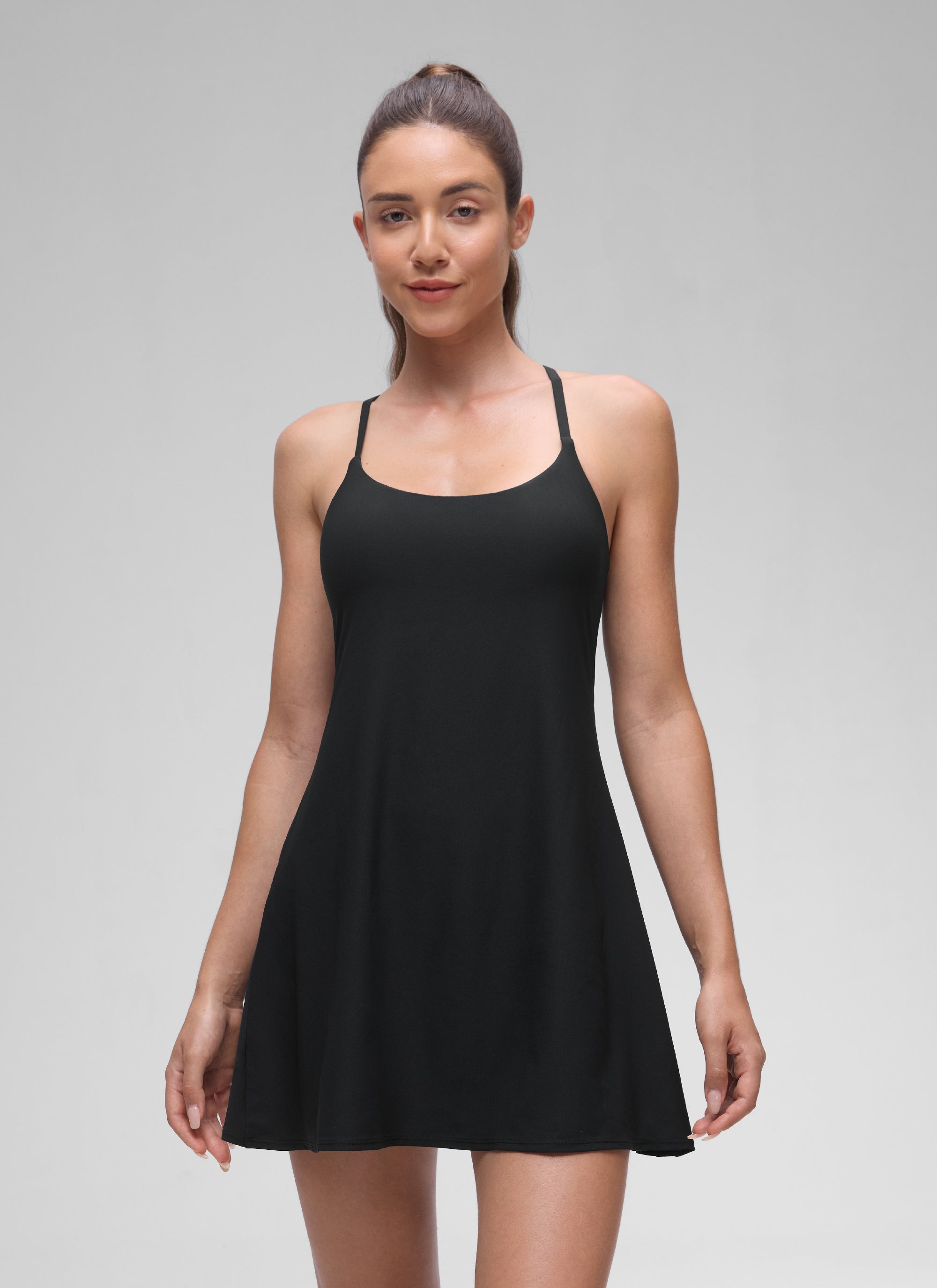 CRZ YOGA Women's Drapey Spaghetti Straps Tennis Built-in Bra Dress Black