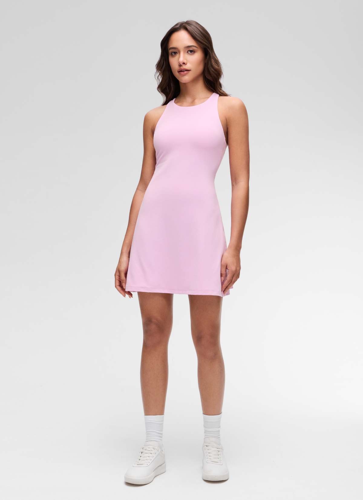 CRZ YOGA Women's Butterluxe Casual High Neck Racerback Mini Dress Vita Pink @model_info:Maria