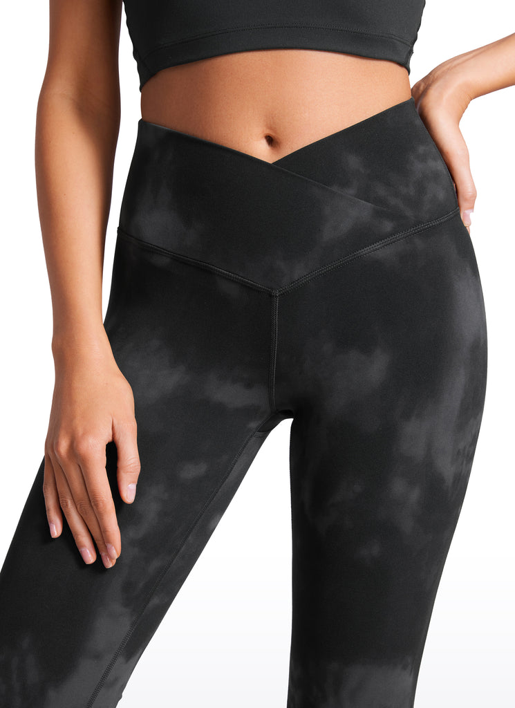 CRZ YOGA Women Butterluxe V Crossover High Waist Flare Leggings 31" Black Tie Dye Flowers