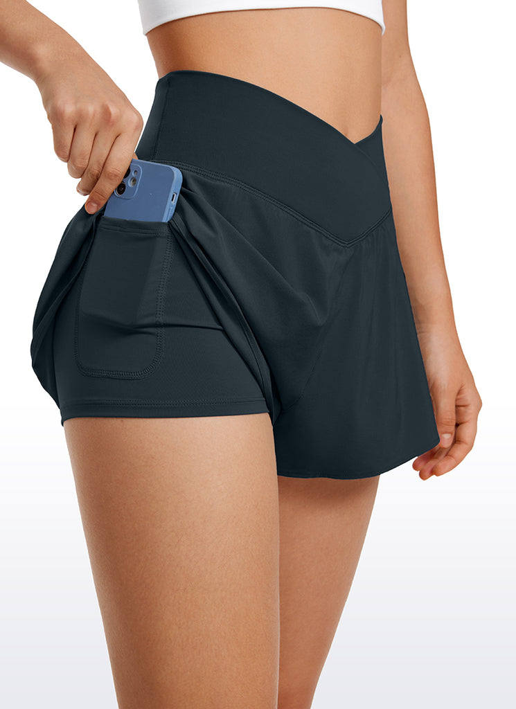 CRZ YOGA Women's Tennis V Crossover 2 in 1 Flowy Shorts High Waisted True Navy