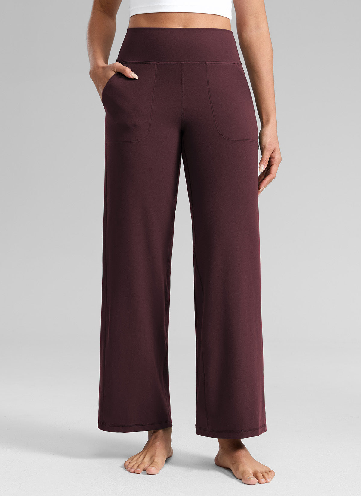 CRZ YOGA Women's Butterlift High Waisted Wide Leg Pants with Pockets Ripe Plum @model_info:Dany