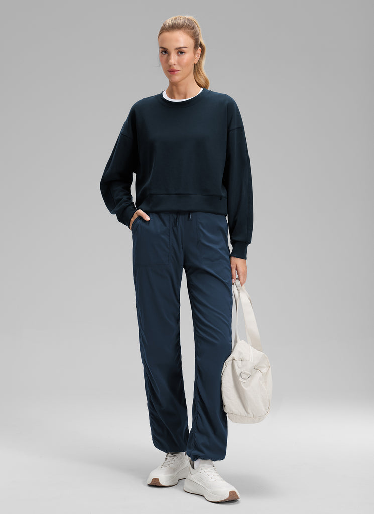 CRZ YOGA Women's Casual Mid Rise Drawstring Pocket Straight Leg Pant Ink Blue