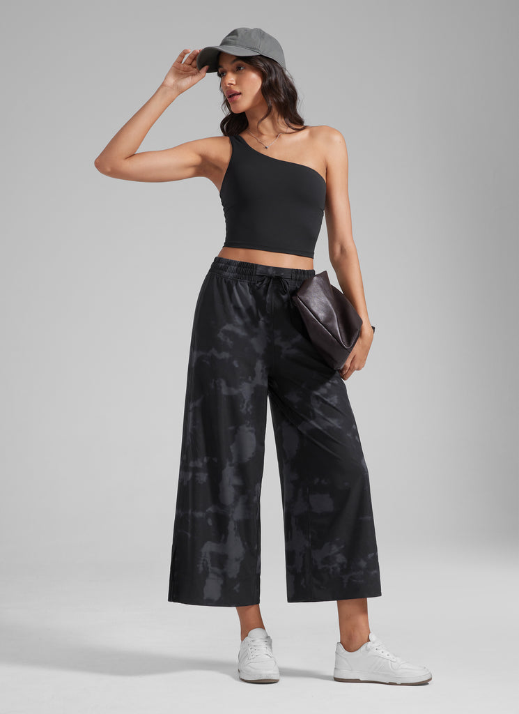 CRZ YOGA Women's  Causal High Waisted Wide Leg Pockets Pants 25'' Black Tie Dye Flowers