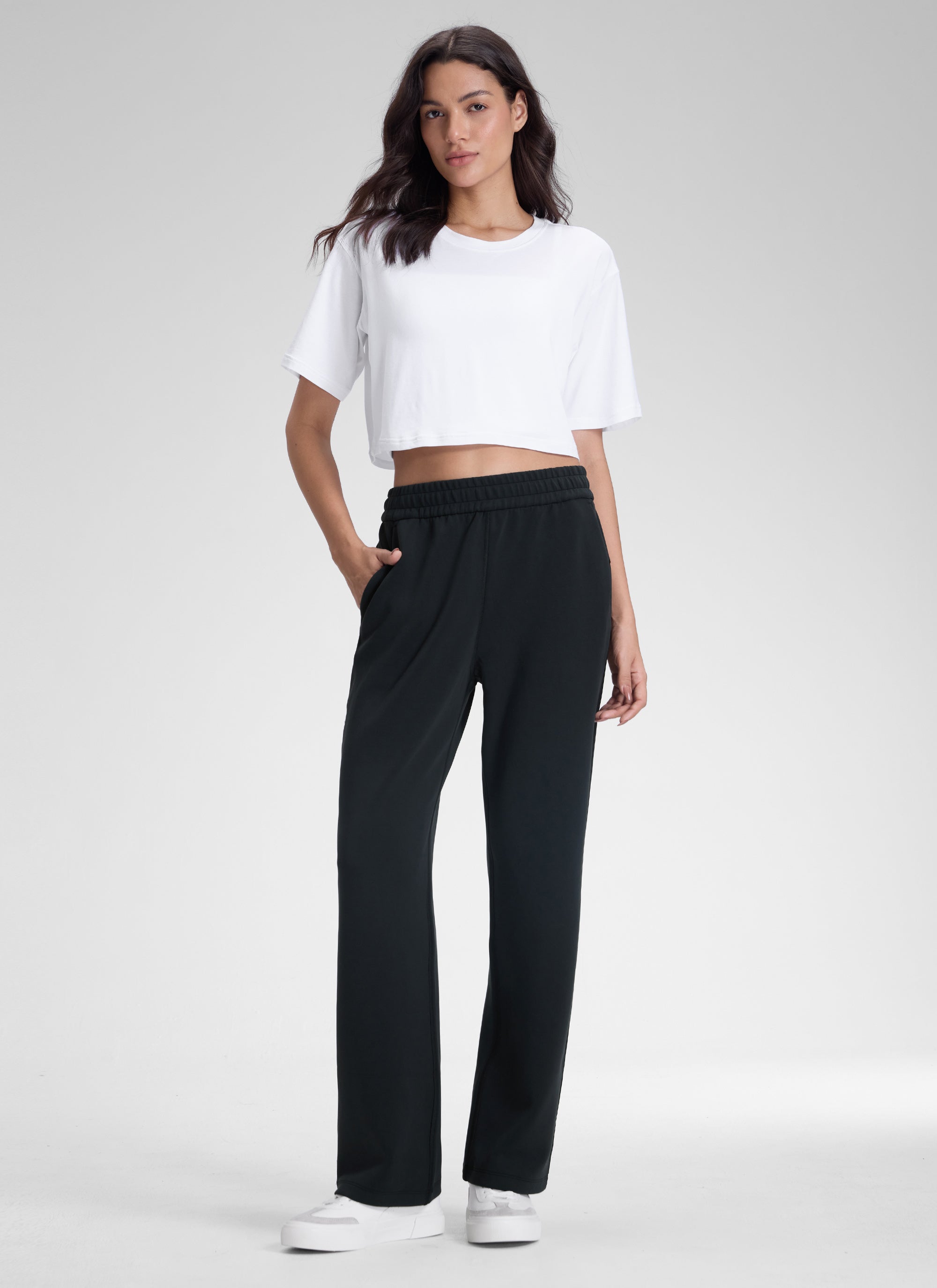 CRZ YOGA Women's SoftAura High Rise Wide Leg Pants with Pockets 31'' Black @model_info:J