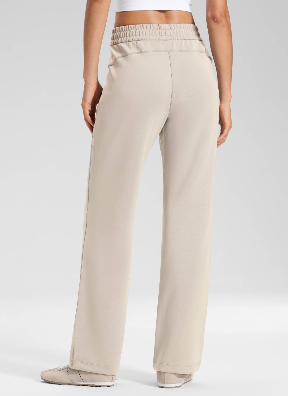 CRZ YOGA Women's SoftAura High Rise Wide Leg Pants with Pockets 31'' Mojave Tan @model_info:Larissa