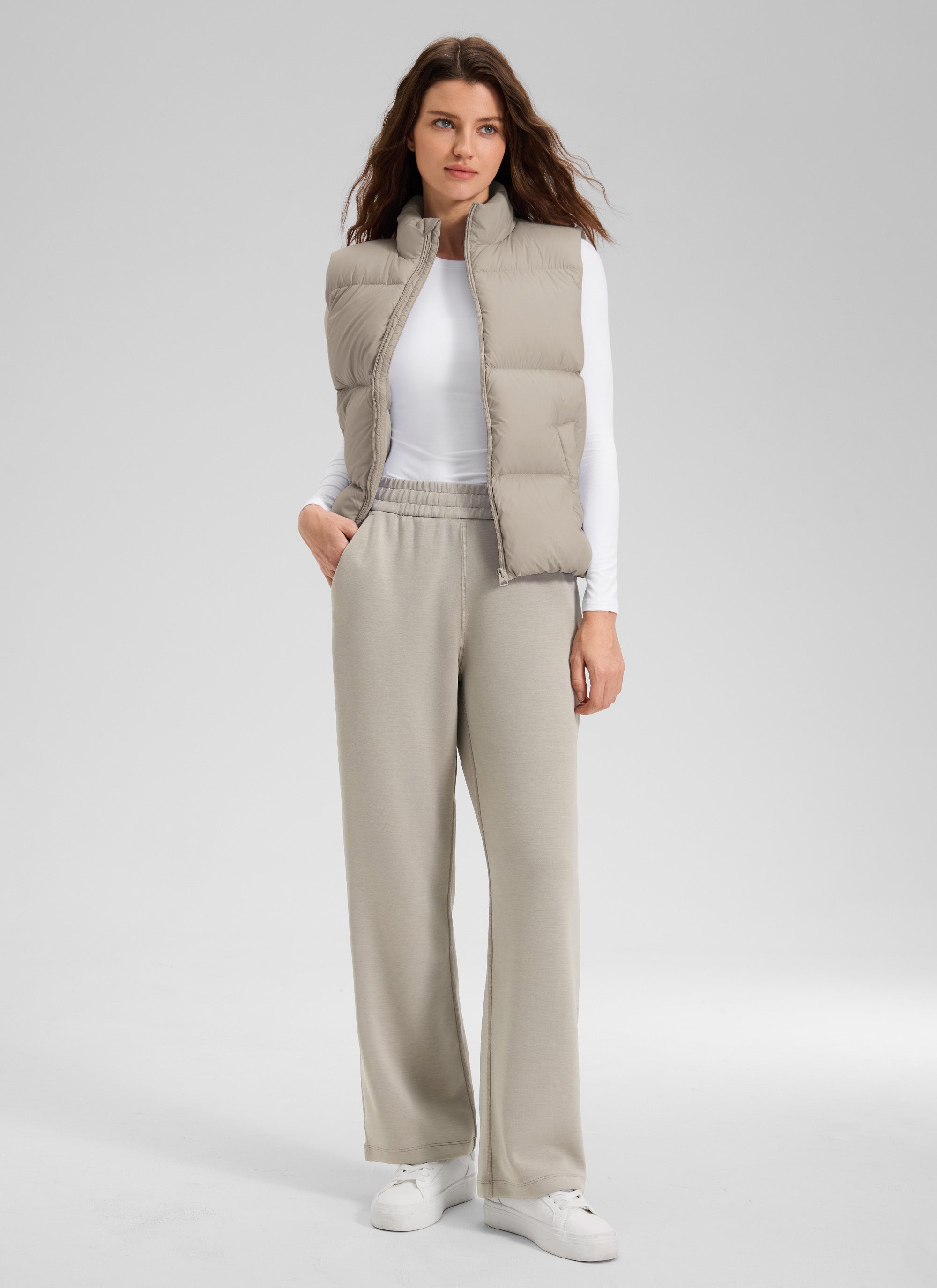 CRZ YOGA Women's SoftAura High Rise Wide Leg Pants with Pockets 31'' Stone