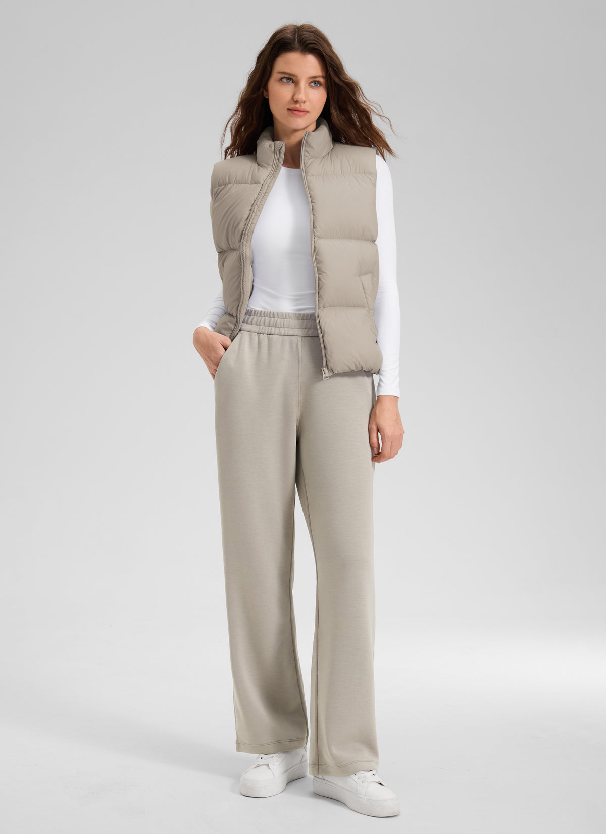 CRZ YOGA Women's SoftAura High Rise Wide Leg Pants with Pockets 31'' Stone @model_info:Kerr