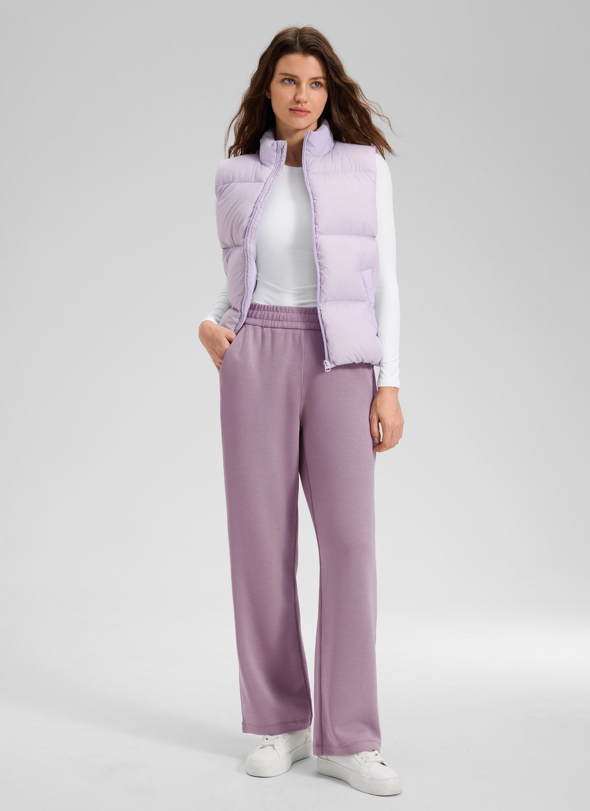 CRZ YOGA Women's SoftAura High Rise Wide Leg Pants with Pockets 31'' Light Lavender @model_info:Kerr