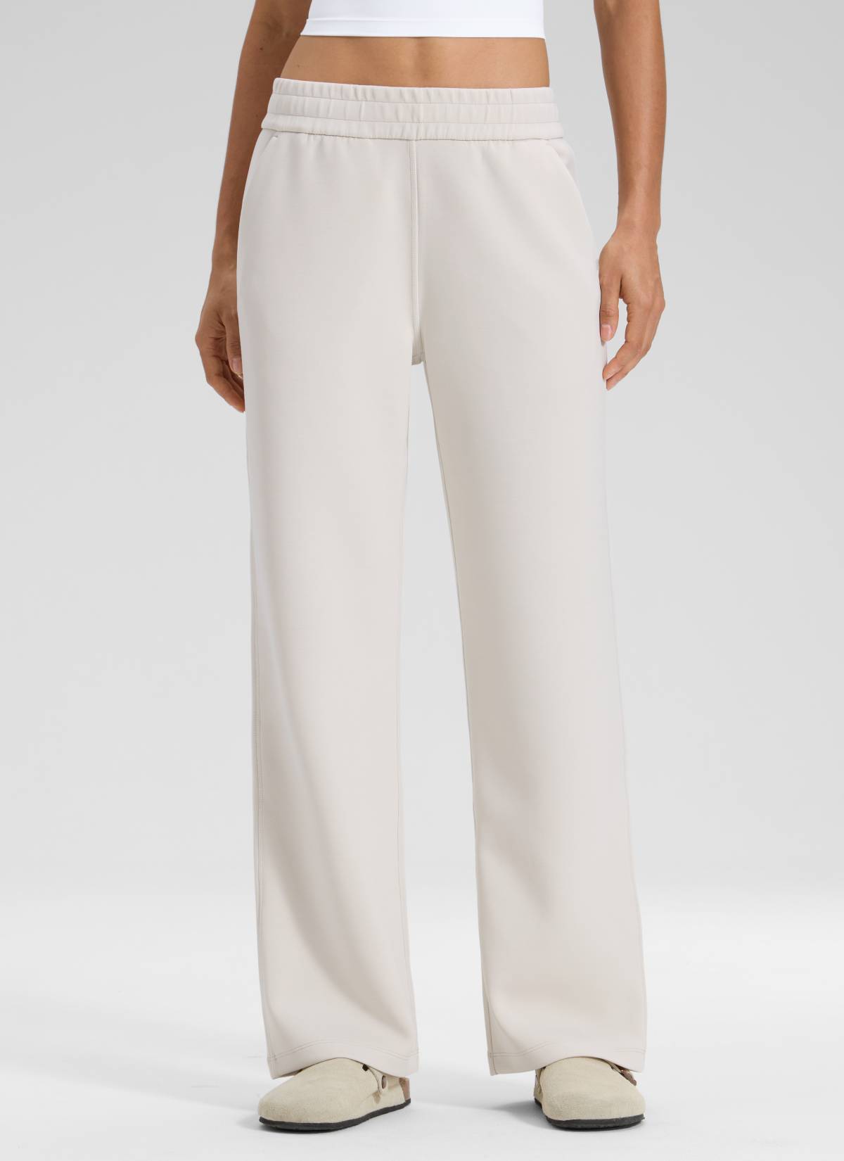CRZ YOGA Women's SoftAura High Rise Wide Leg Pants with Pockets 31'' Milky White @model_info:Larissa