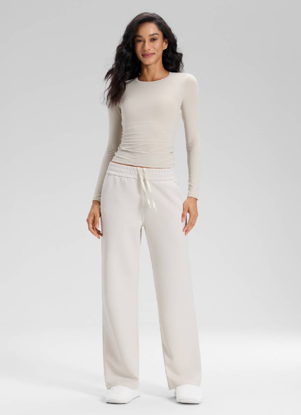 CRZ YOGA Women's SoftAura High Rise Wide Leg Pants with Pockets 31'' Milky White @model_info:Larissa