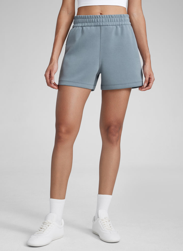 CRZYOGA Women SoftAura Sweat Shorts 4” with Pockets Drawstring Belgian Blue