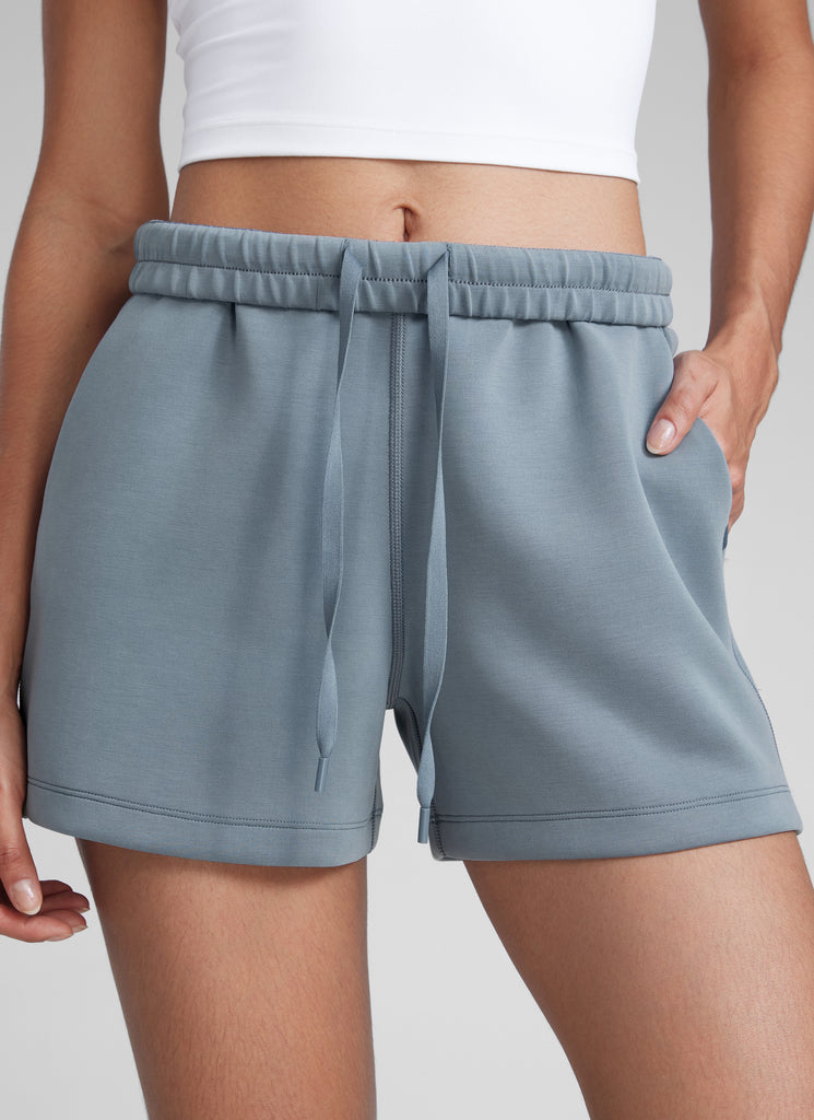 CRZYOGA Women SoftAura Sweat Shorts 4” with Pockets Drawstring Belgian Blue