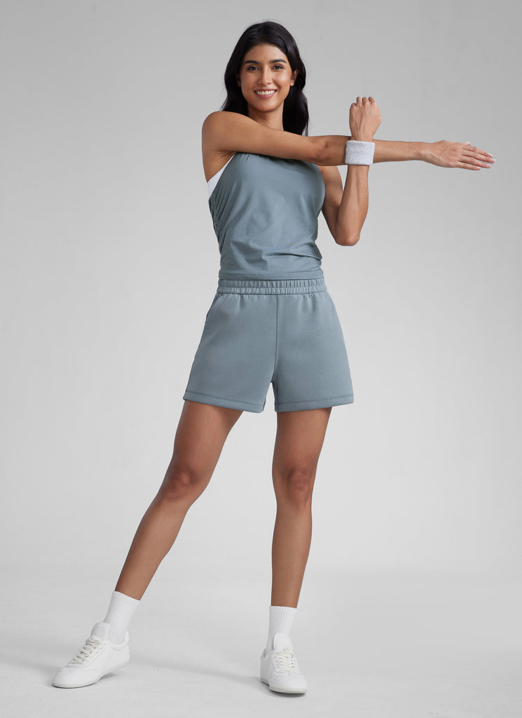 CRZYOGA Women SoftAura Sweat Shorts 4” with Pockets Drawstring Belgian Blue