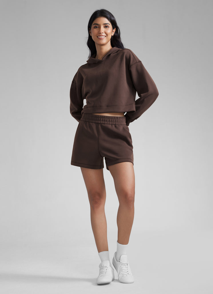 CRZYOGA Women SoftAura Sweat Shorts 4” with Pockets Drawstring Hot Fudge Brown