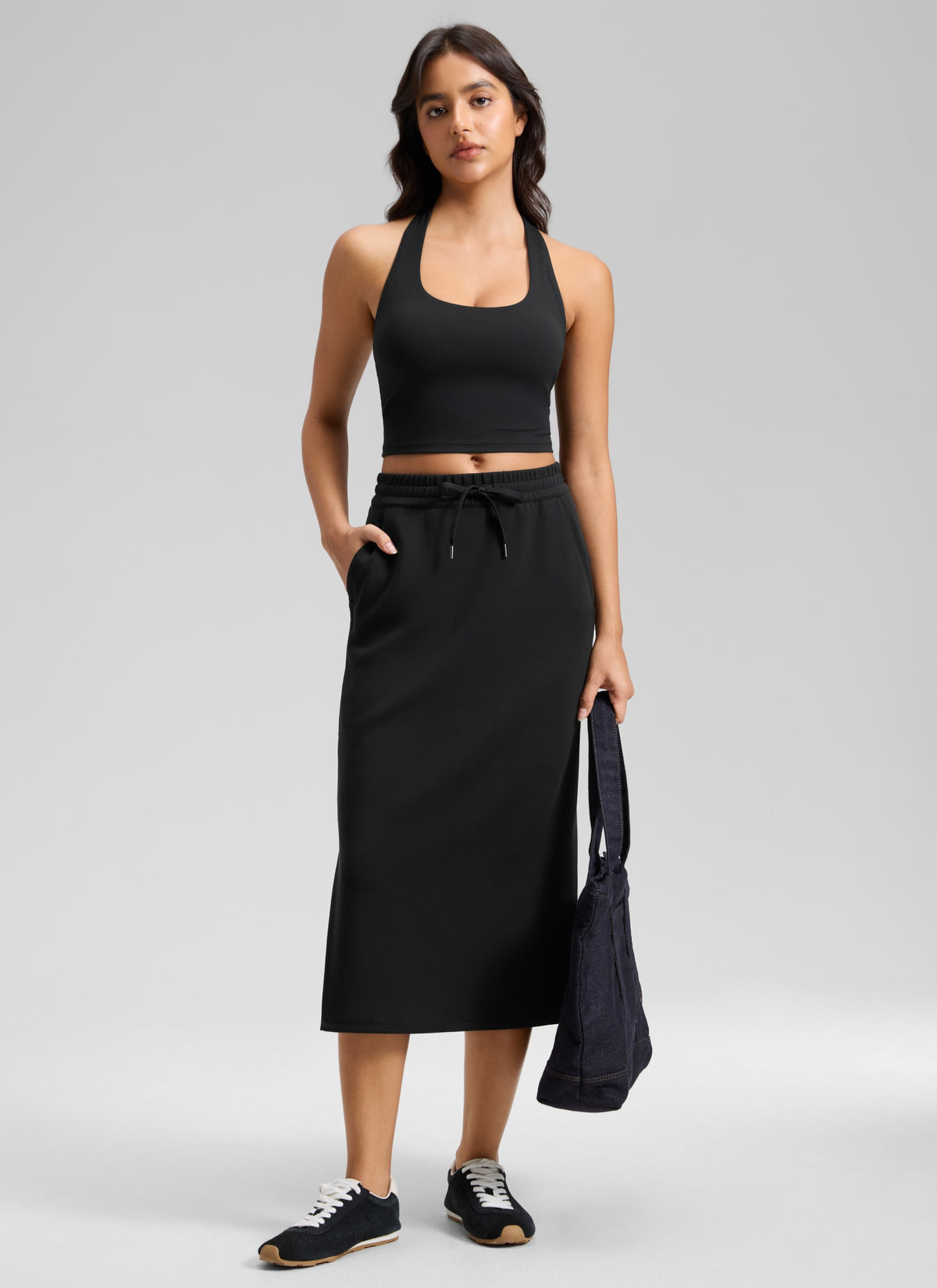 CRZ YOGA Women's SoftAura Midi Pencil Skirts High Waisted Drawstring Black @model_info:L