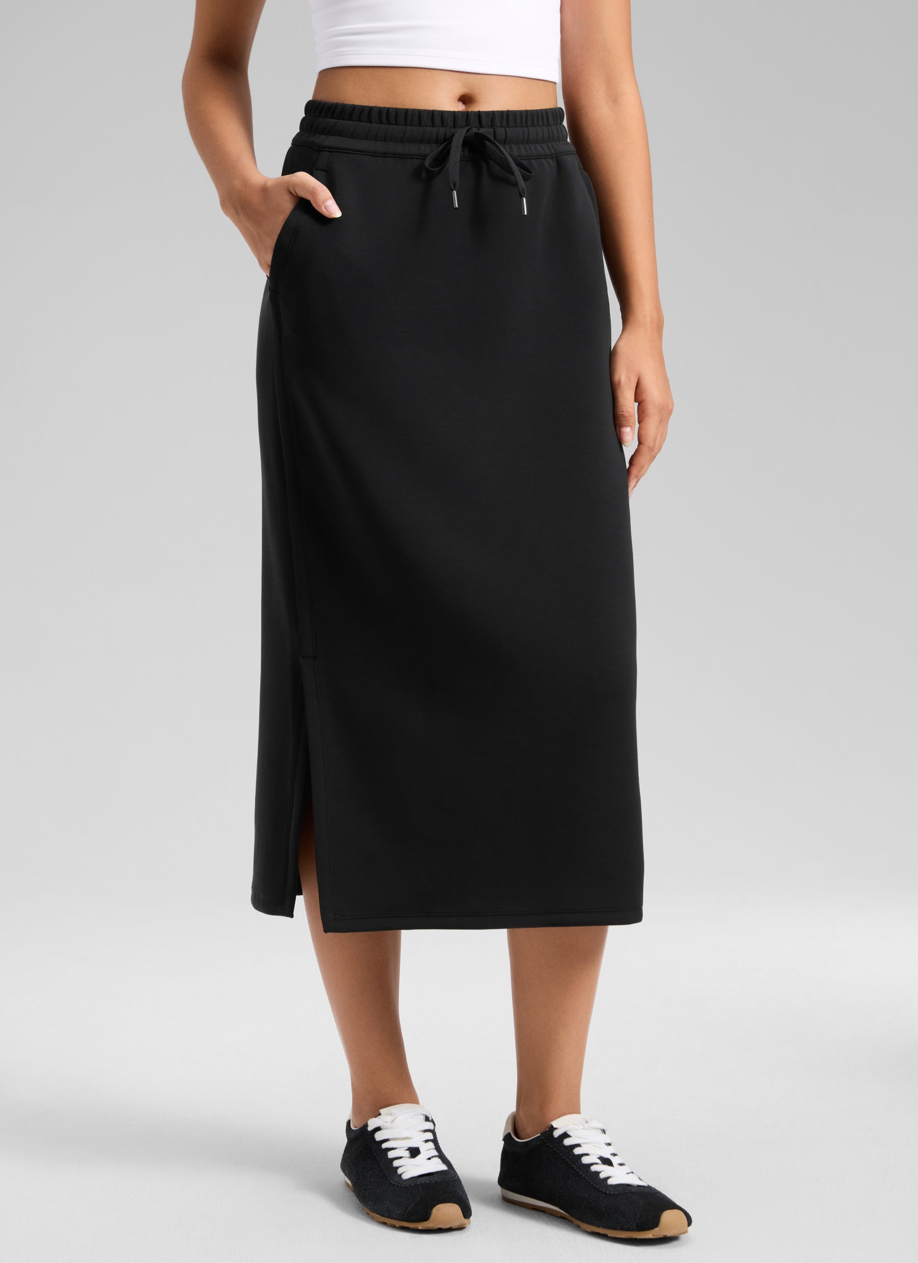 CRZ YOGA Women's SoftAura Midi Pencil Skirts High Waisted Drawstring Black @model_info:L