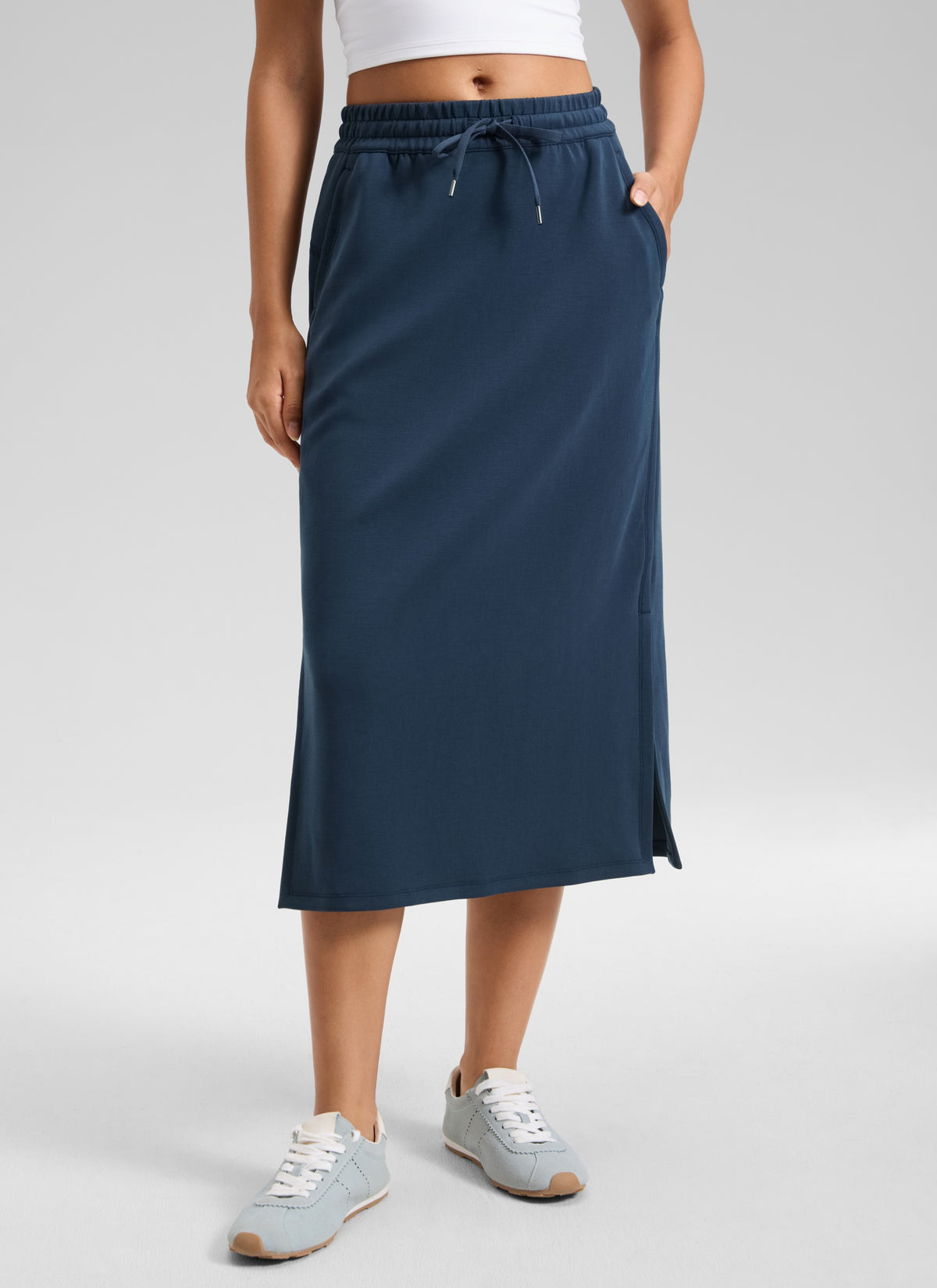 CRZ YOGA Women's SoftAura Midi Pencil Skirts High Waisted Drawstring Ink Blue @model_info:L