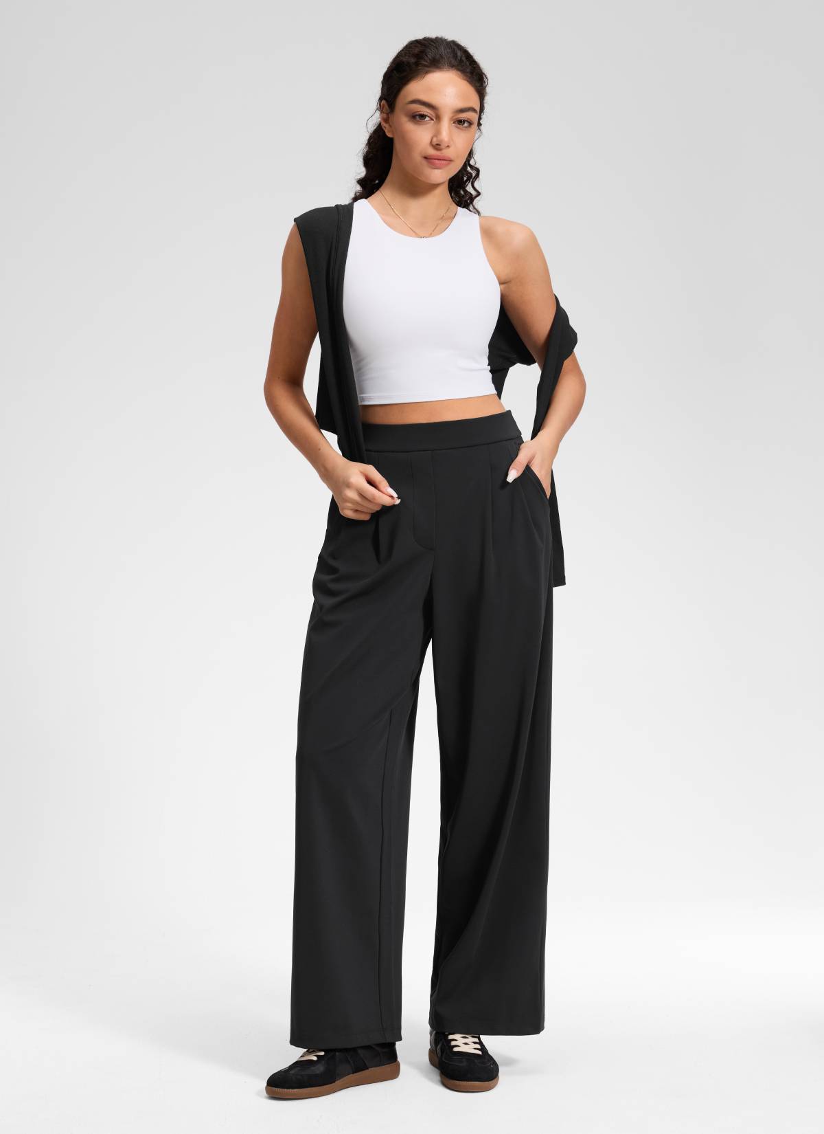 CRZ YOGA Women's Business High Rise Pocket Wide Leg Pleated Pants Black @model_info:Anano