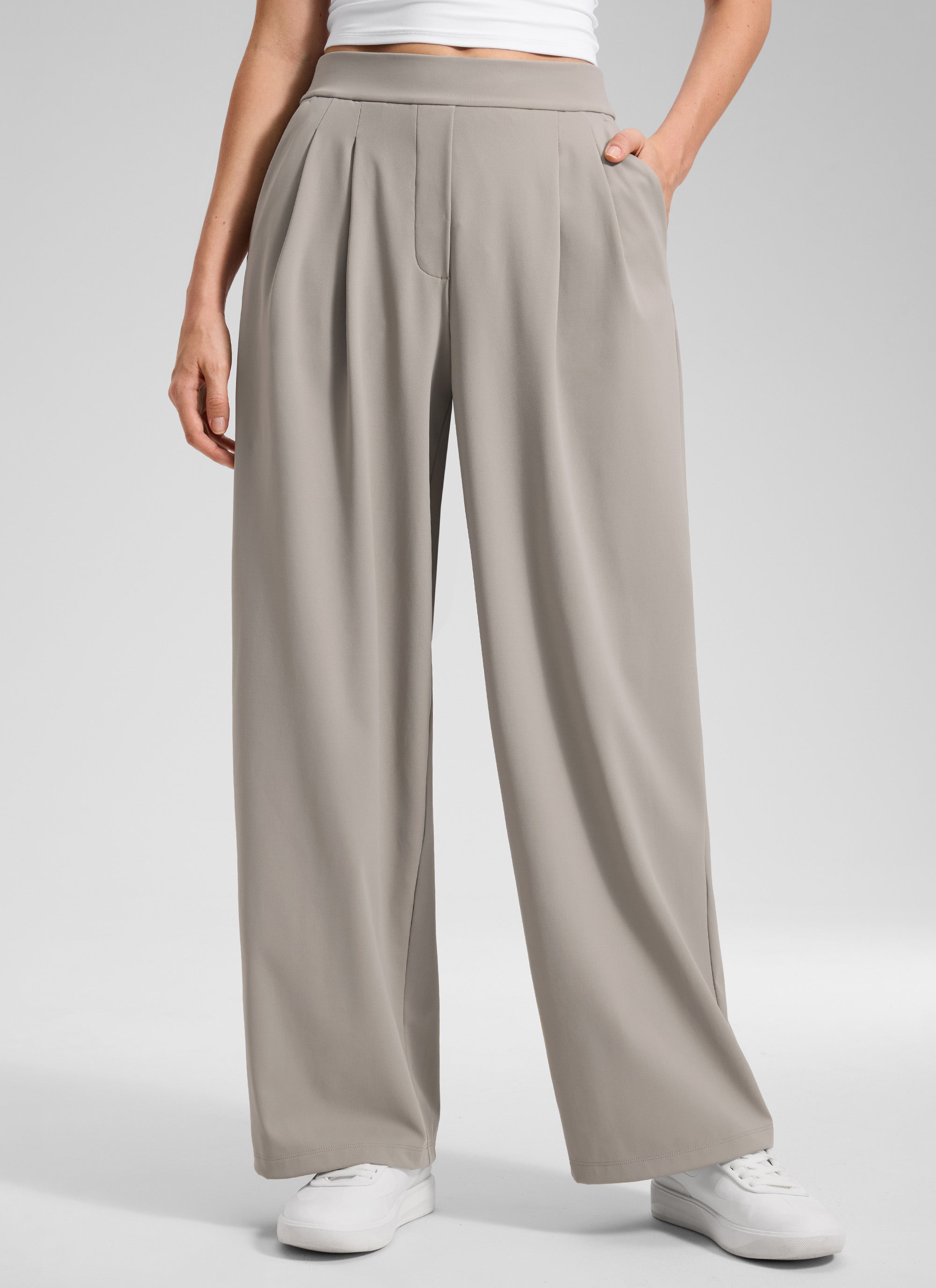 CRZ YOGA Women's Business High Rise Drawstring Pocket Wide Leg Pant Stone