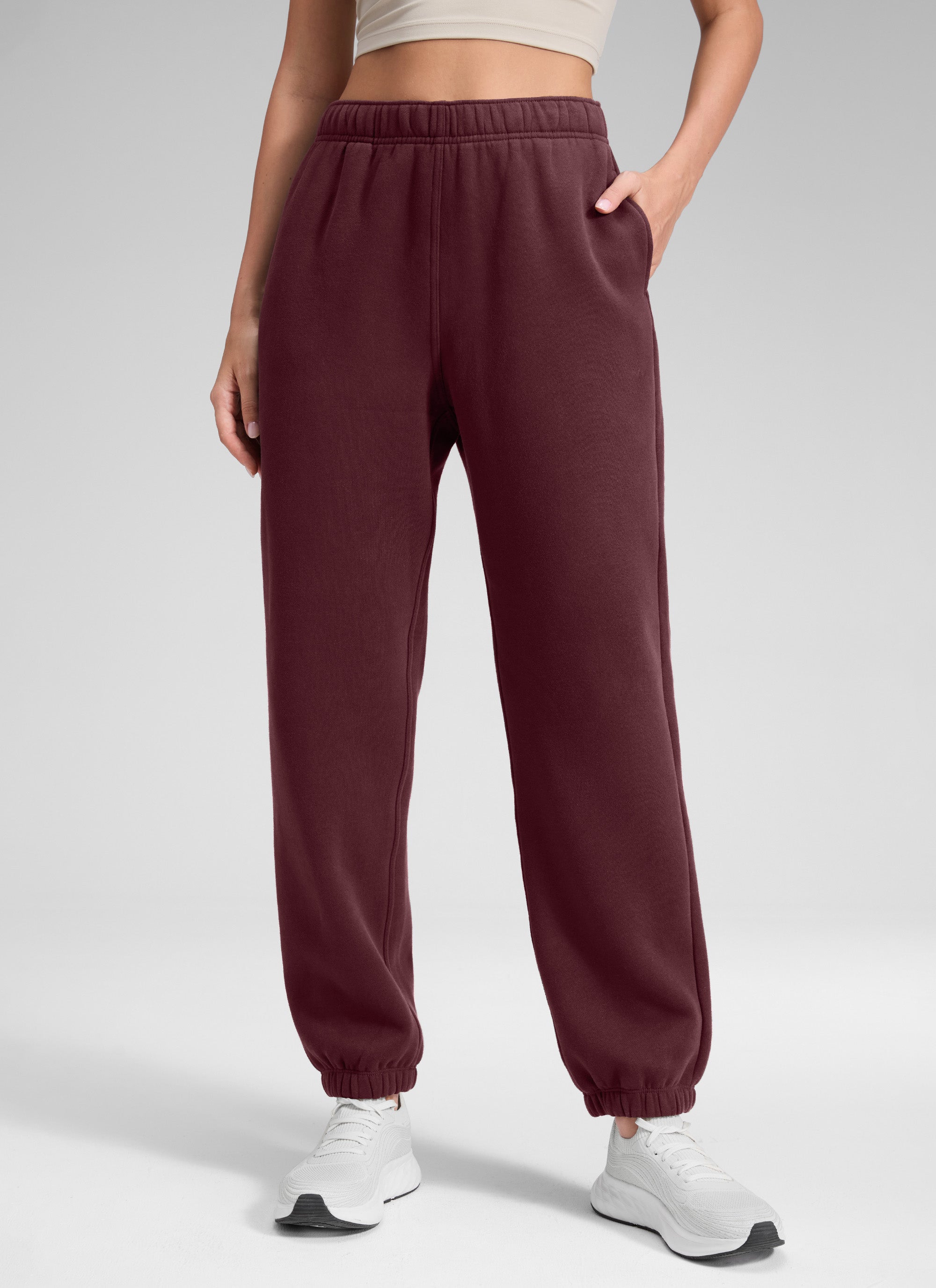 CRZ YOGA Women's Fleece Lined High Rise Drastring Pocket Sweatpants Dark Red 2