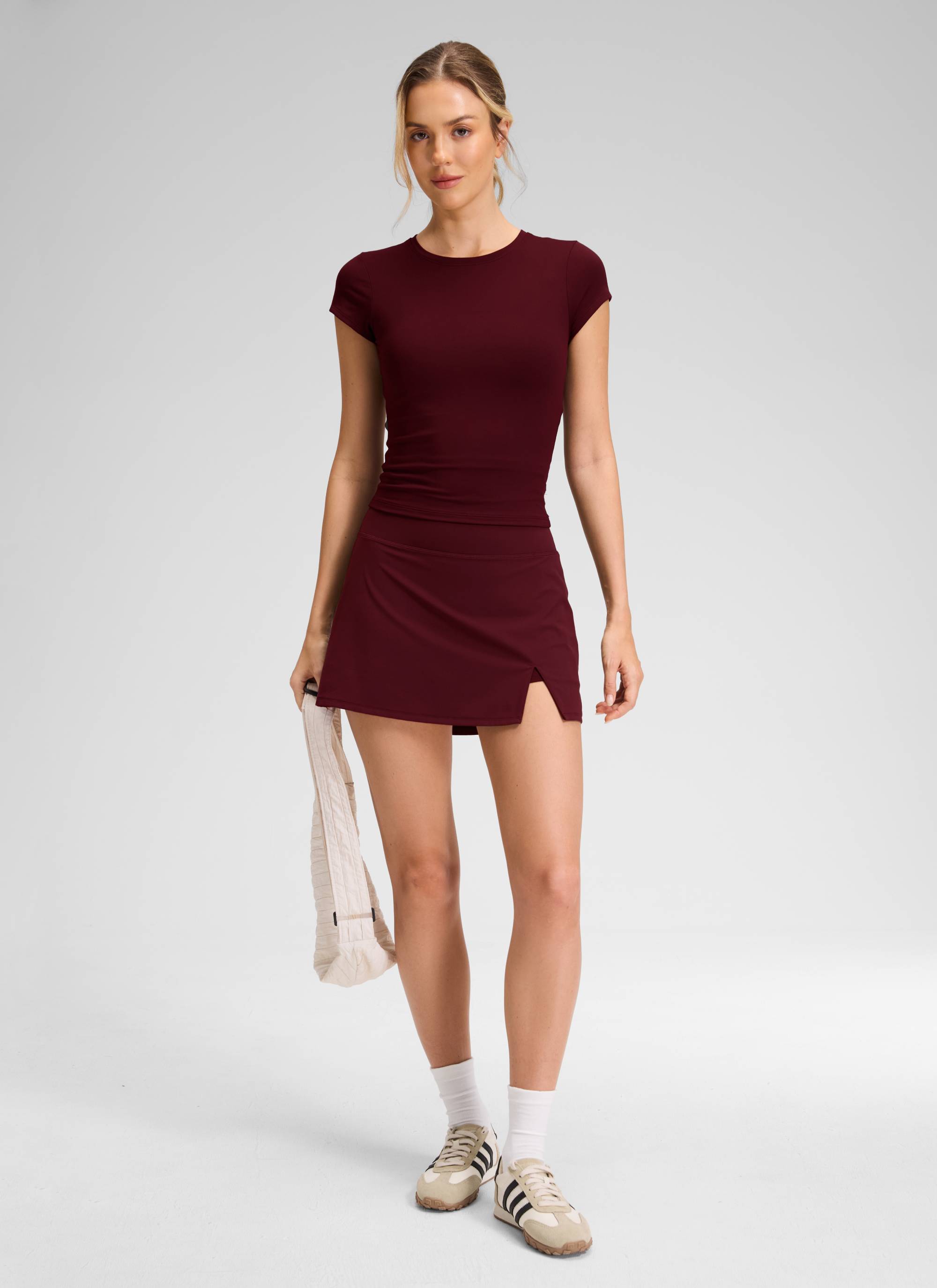 CRZ YOGA Women's Golf High Rise Pocket Front Slit Mini Skirt 14.5’’ Red Merlot