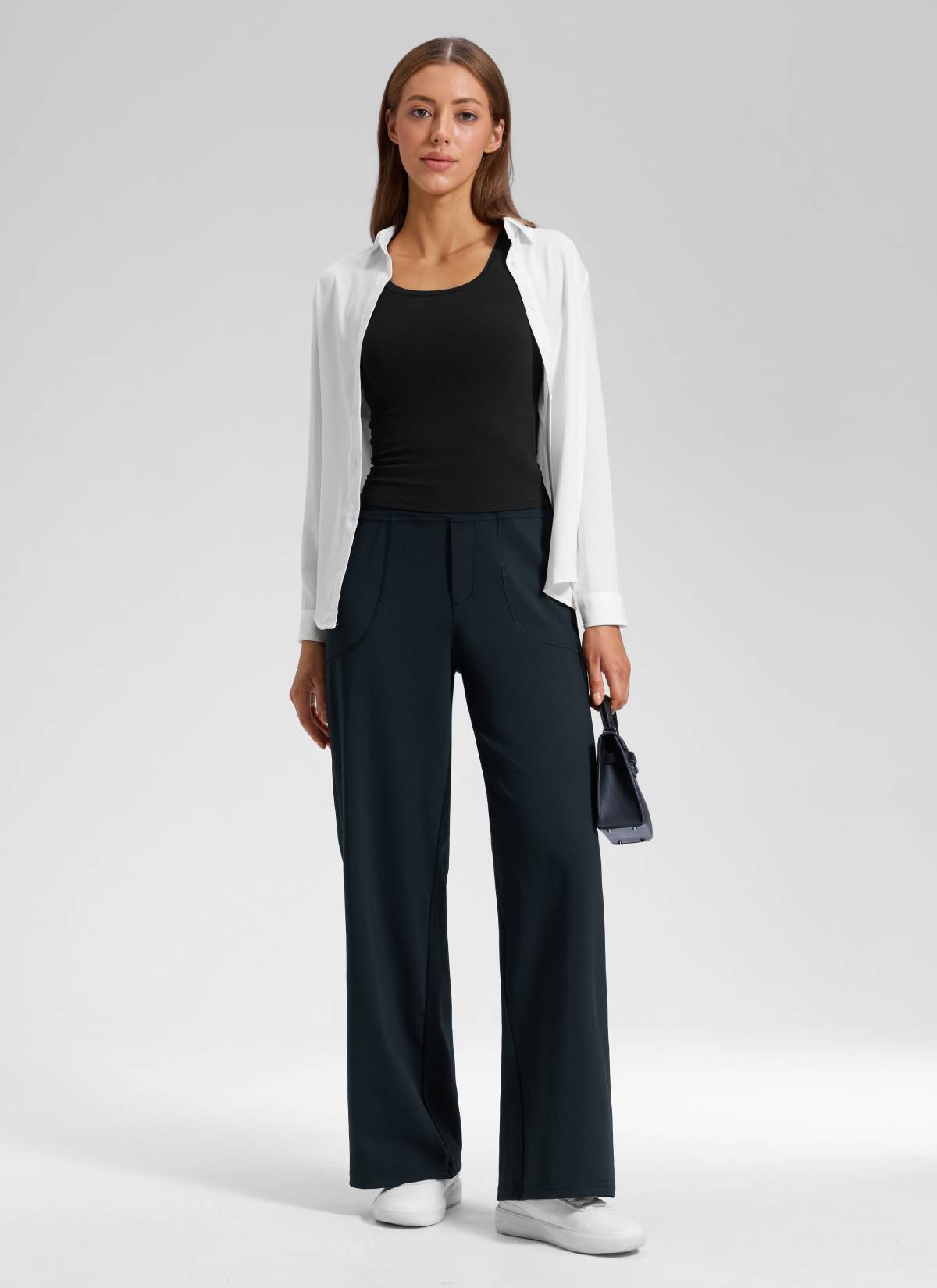 CRZ YOGA Women's Work High Rise Pocket Wide Leg Faux Fly Pant 30