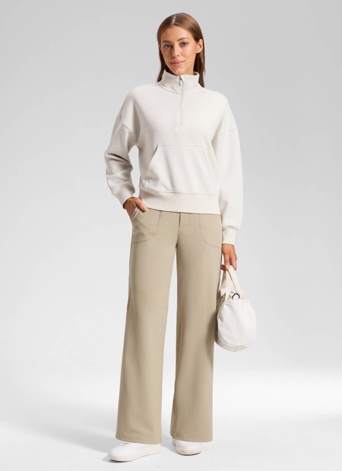 CRZ YOGA Women's Work High Rise Pocket Wide Leg Faux Fly Pant 30