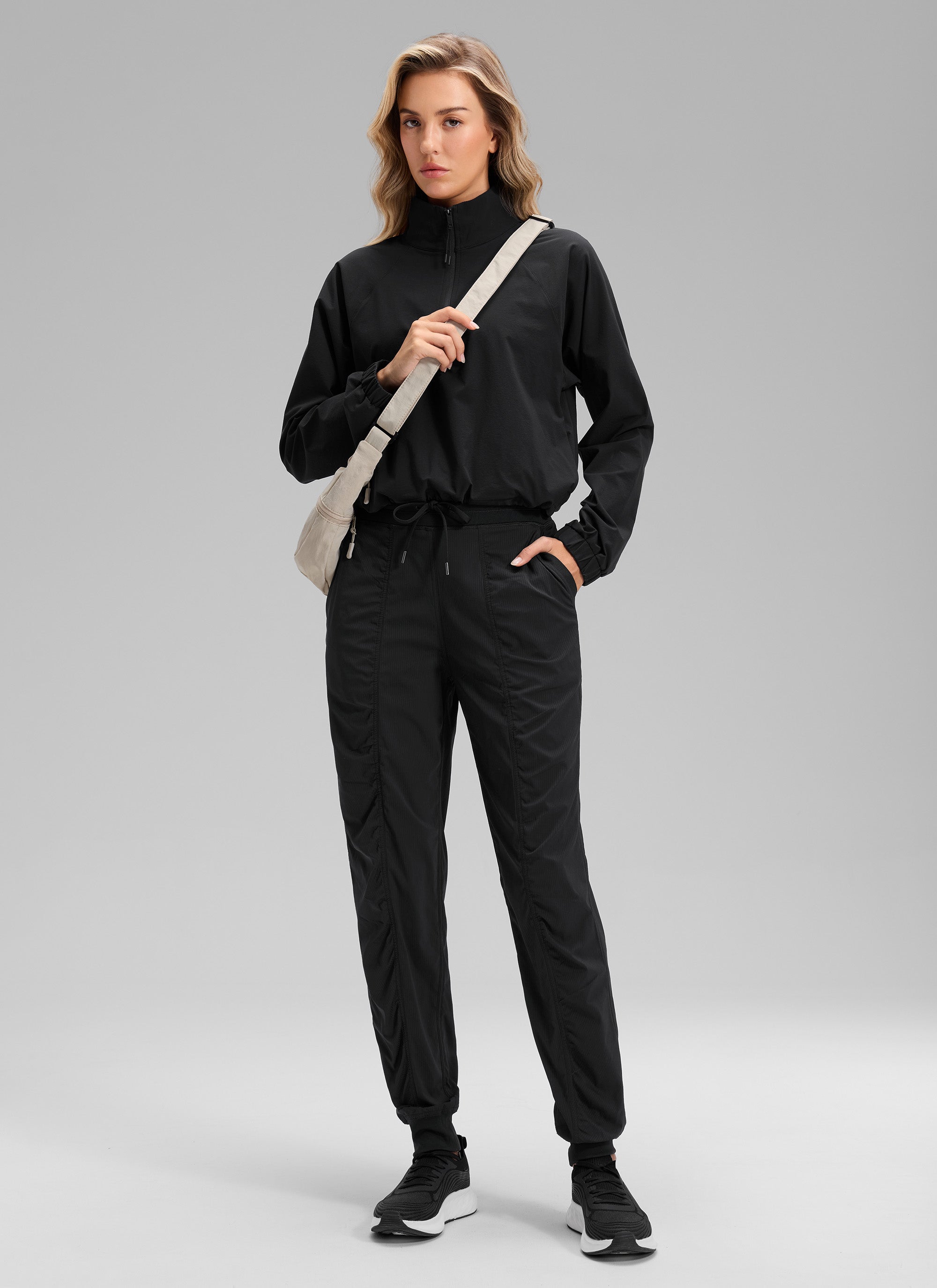 CRZ YOGA Women's Casual High Rise Drawstring Pocket Ruched Jogger 30'' Black