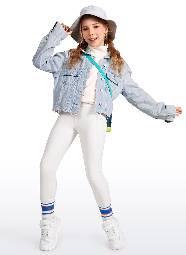 CRZ YOGA Girl's High Rise Thermal Fleece Lined Soft Pocket Leggings Milky White