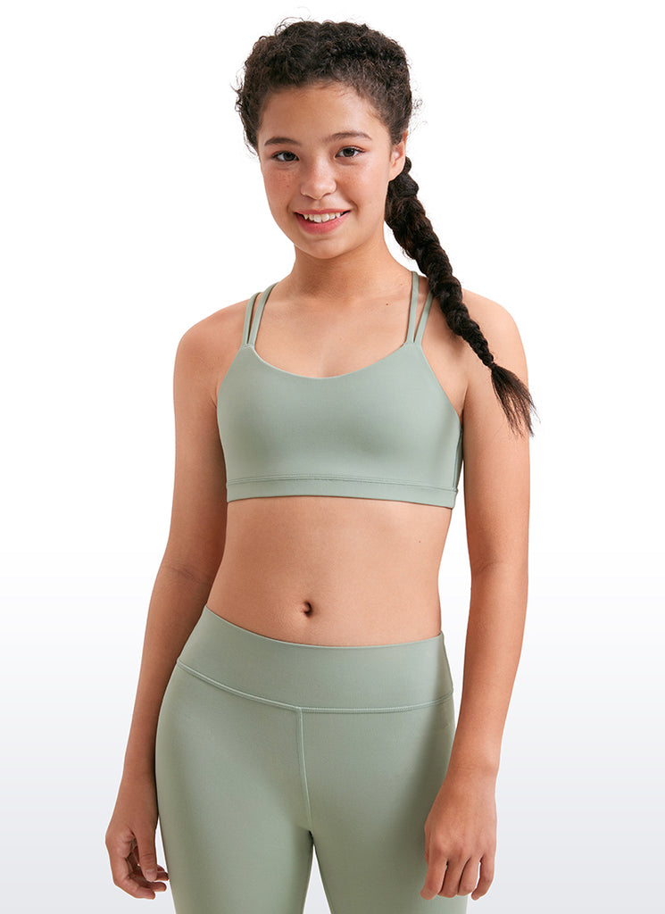 CRZ YOGA Girls Molded Cups Spaghetti Strappy Sports Bra Criss Cross Blue Ashes