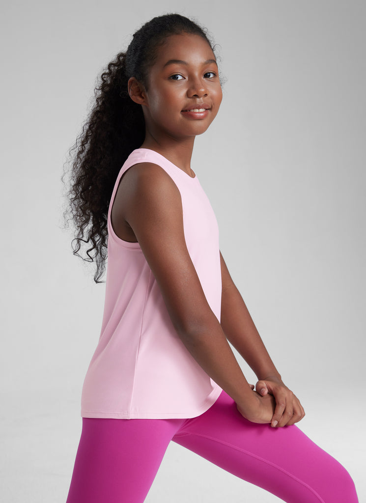 CRZ YOGA Girls Cloudweight Hip Length Crew Neck Sleeveless Tank Tops Pink Peony